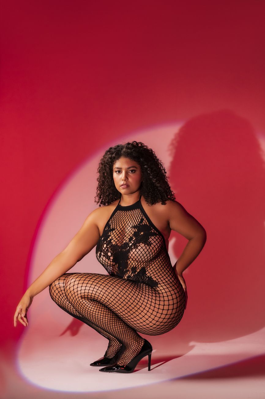 Mapale 1116X Halter And Crotchless Floral Bodystocking