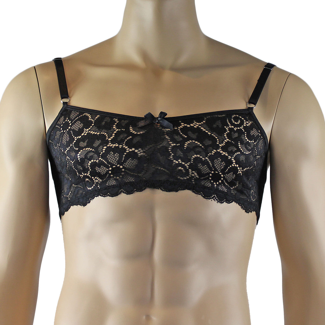 Mens Sweetheart Scalloped Shiny Lace Bra Top and G string Black