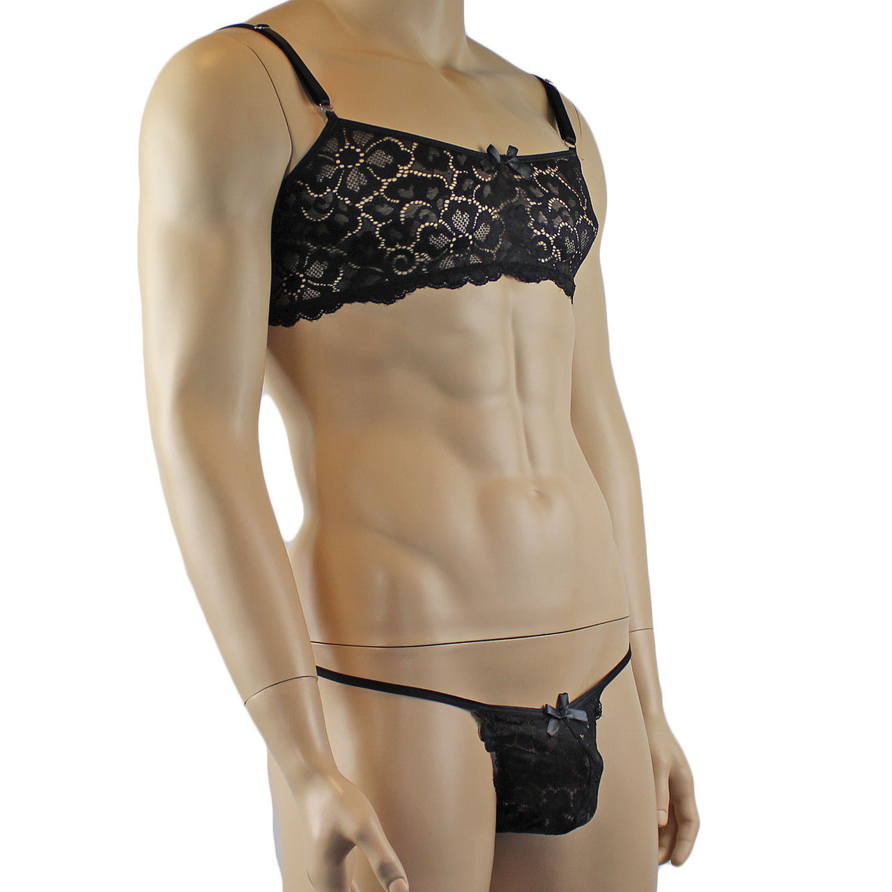 Mens Sweetheart Scalloped Shiny Lace Bra Top and G string Black