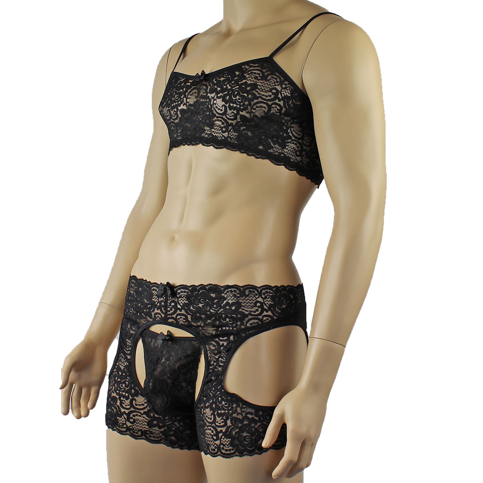 Mens Rebecca Pretty Floral Lingerie Lace Bra Top, Open Garter Boxer Shorts with G string Black