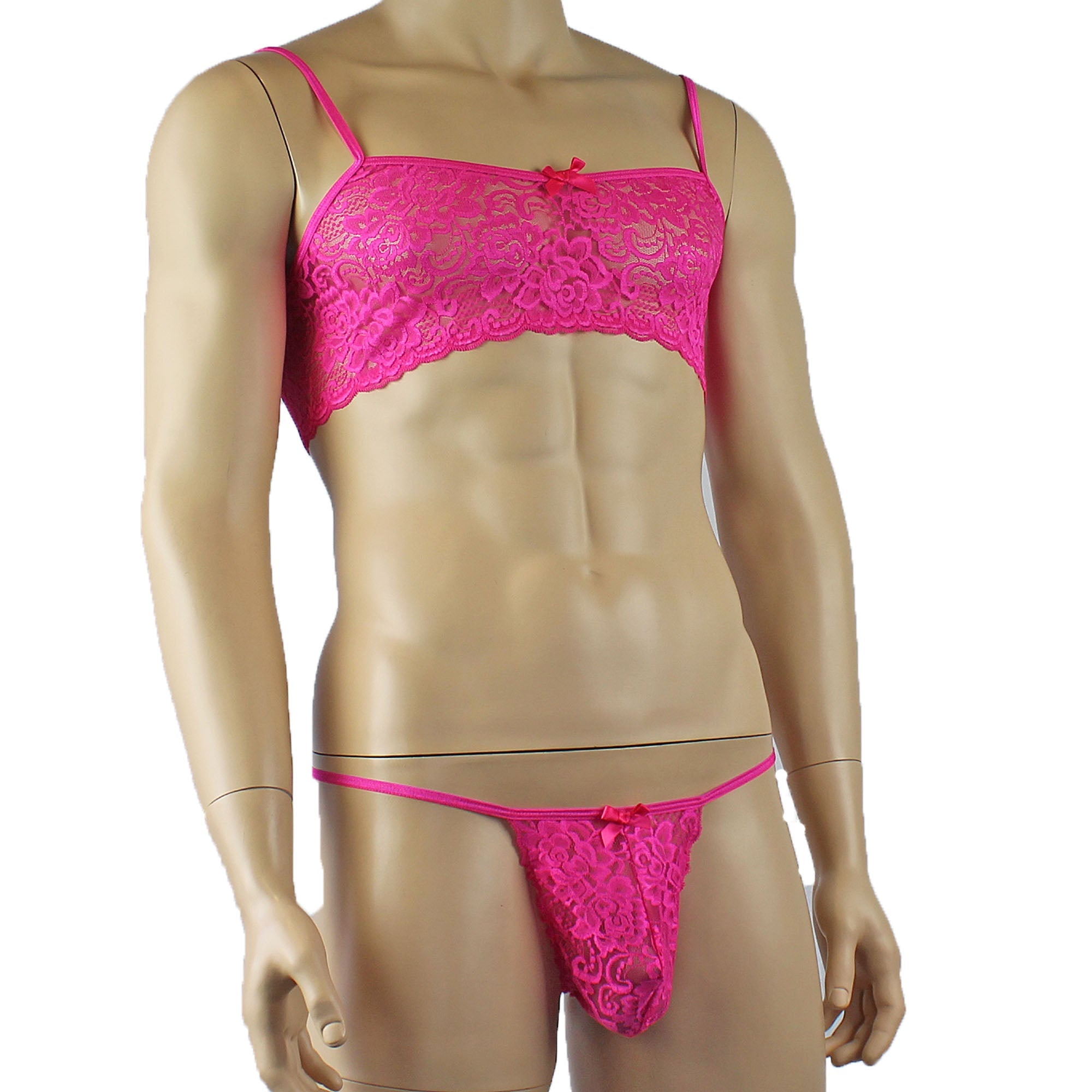 Mens Rebecca Pretty Floral Lingerie Lace Bra Top with G string Hot Pink