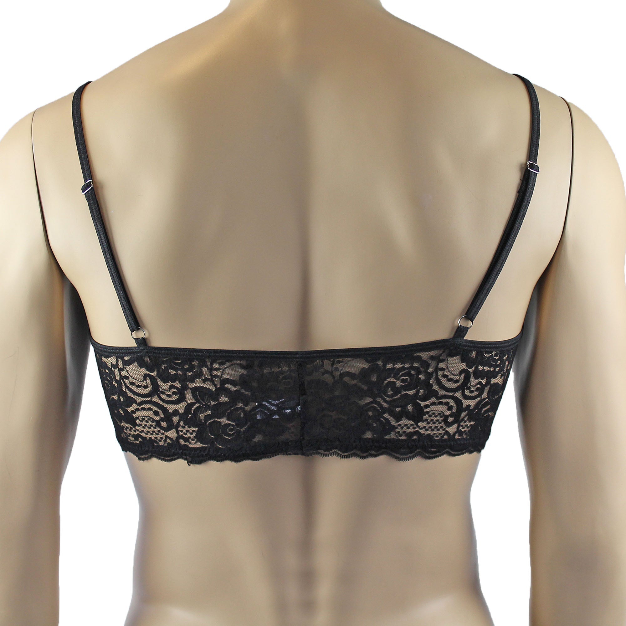 Mens Rebecca Pretty Floral Lingerie Lace Bra Top, Open Garter Boxer Shorts with G string Black