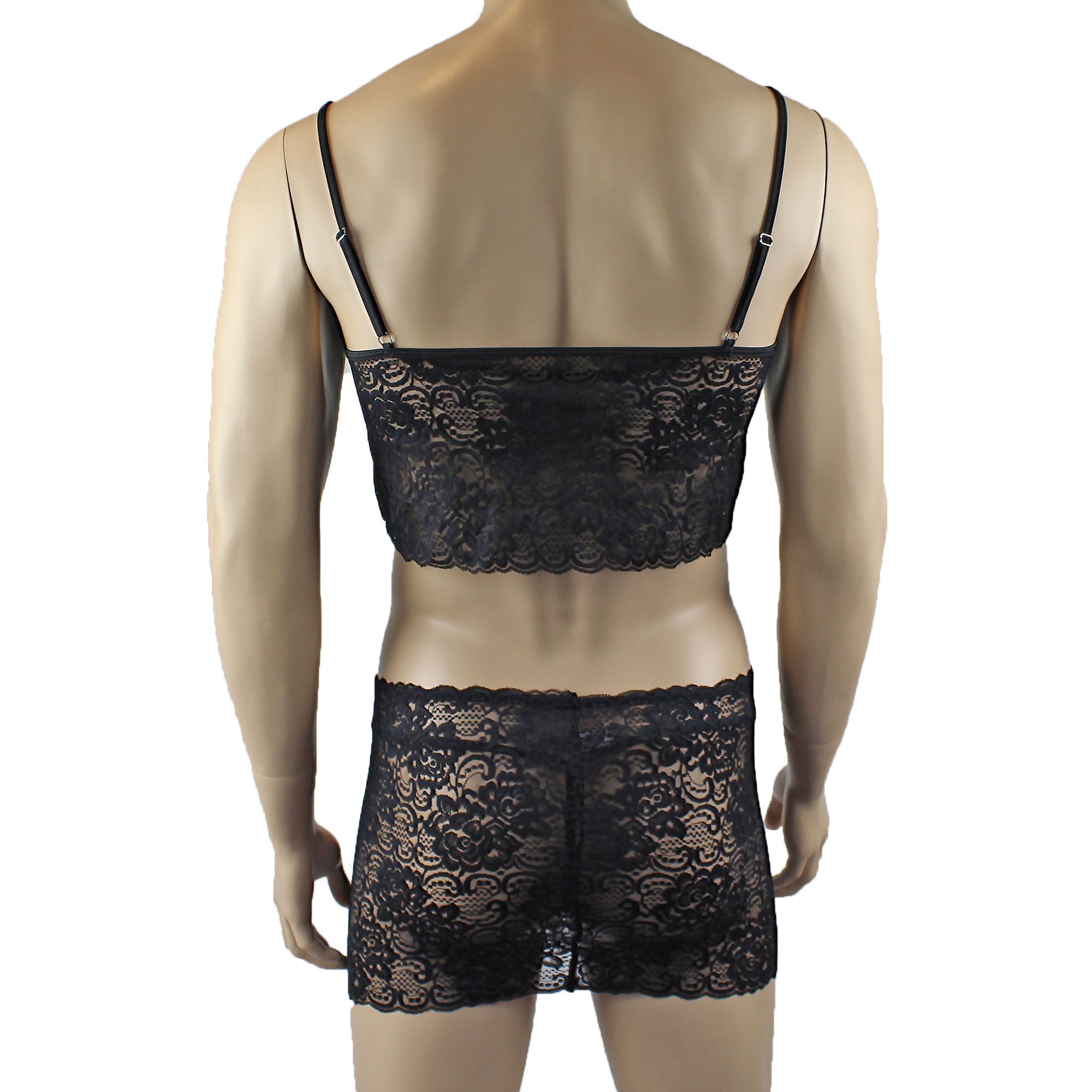 Mens Rebecca Pretty Floral Lingerie Lace Camisole Top, Micro Mini Skirt and G string Black