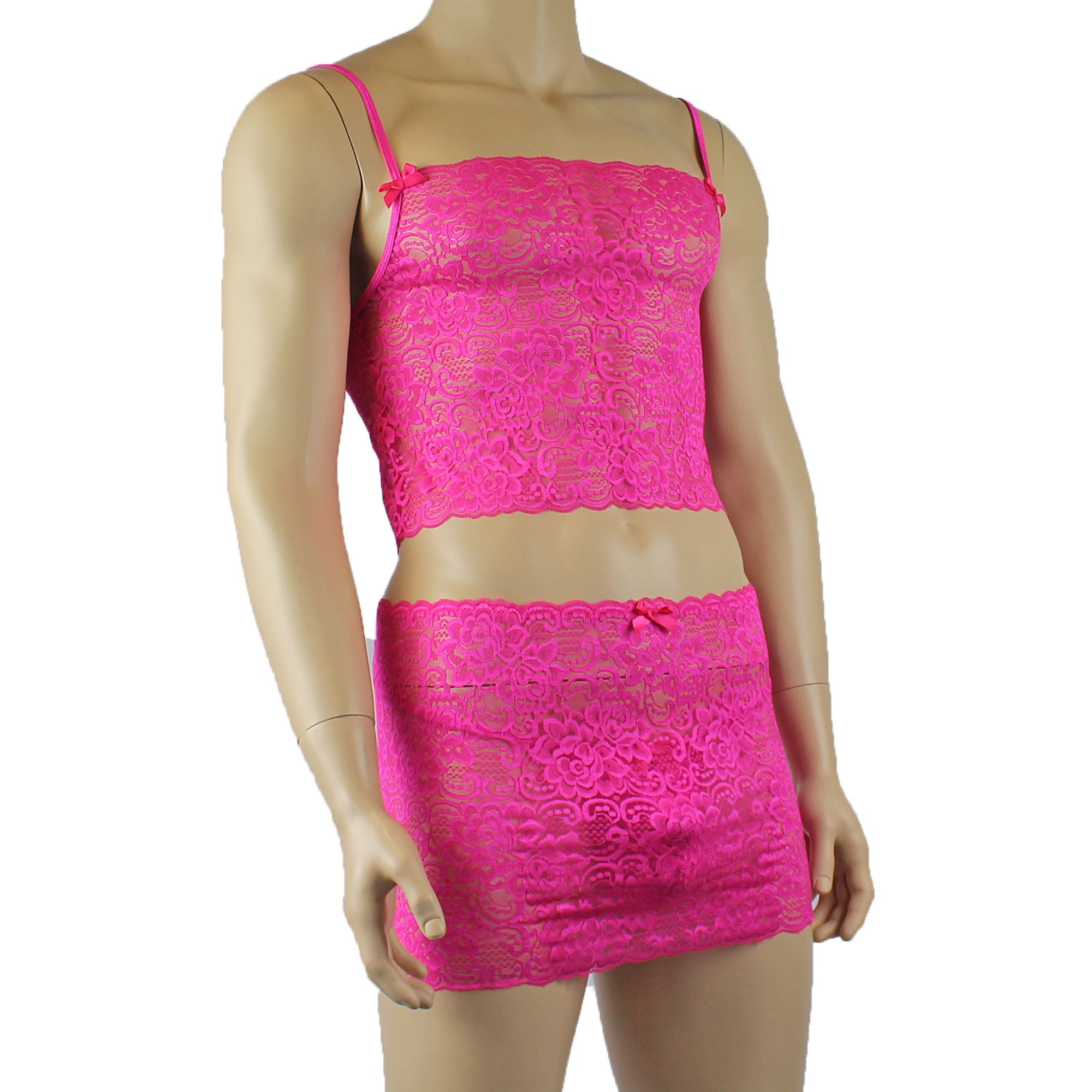 Mens Rebecca Pretty Floral Lingerie Lace Camisole Top, Micro Mini Skirt and G string Hot Pink