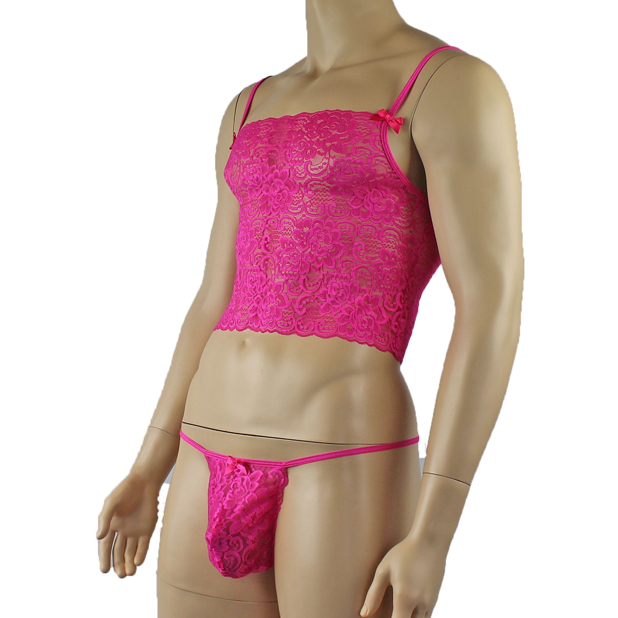Mens Rebecca Pretty Floral Lingerie Lace Camisole Top, Micro Mini Skirt and G string Hot Pink