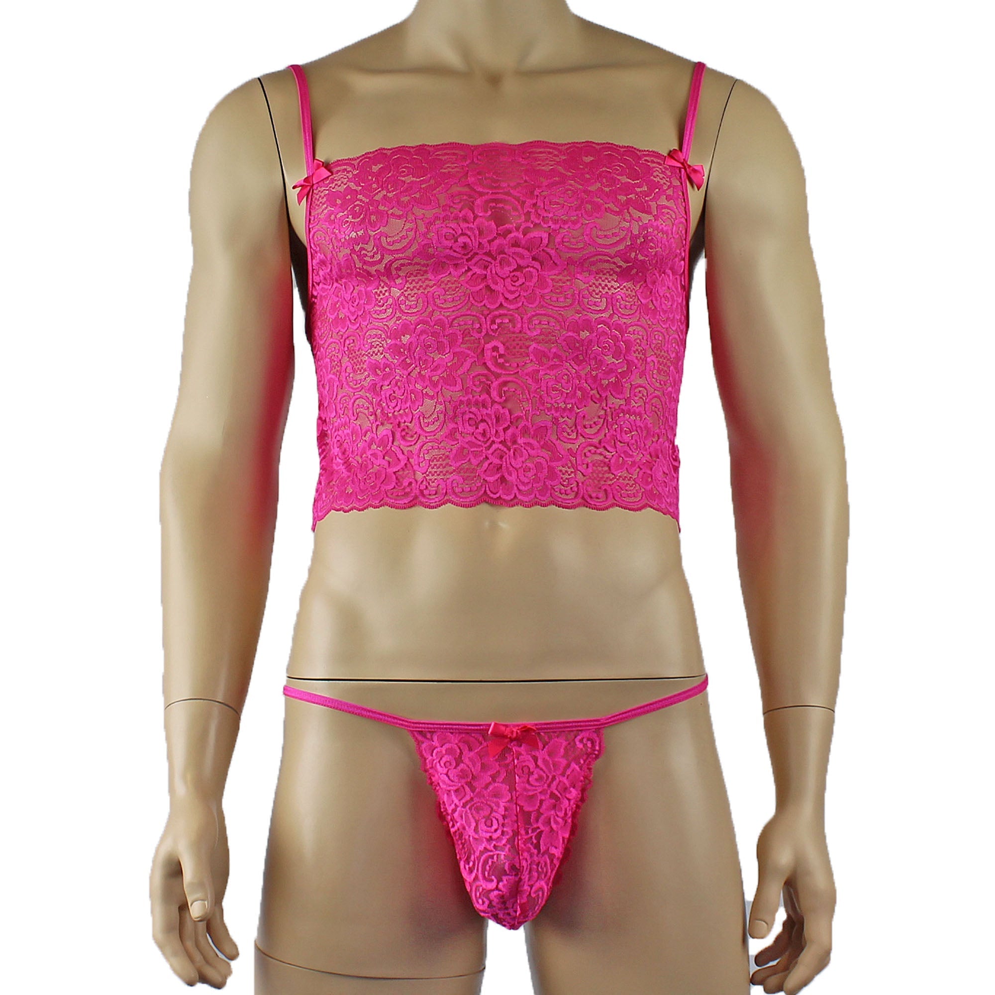 Mens Rebecca Pretty Floral Lingerie Lace Camisole Top with G string Hot Pink