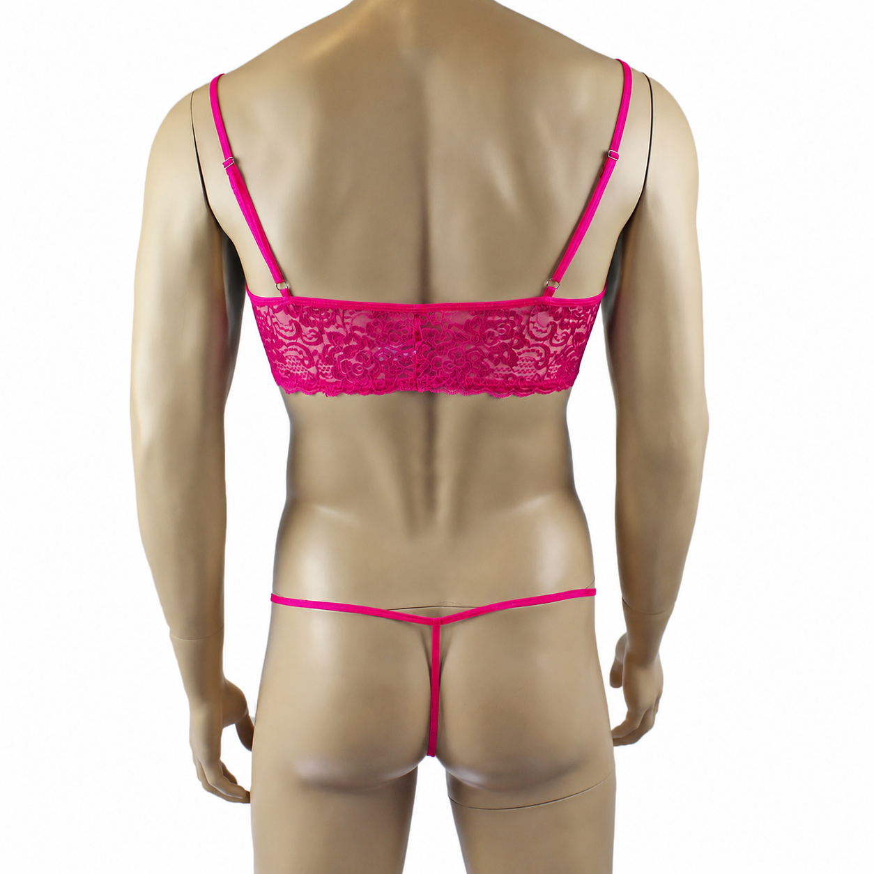 Mens Rebecca Pretty Floral Lingerie Lace Bra Top, Open Garter Boxer Shorts with G string Hot Pink