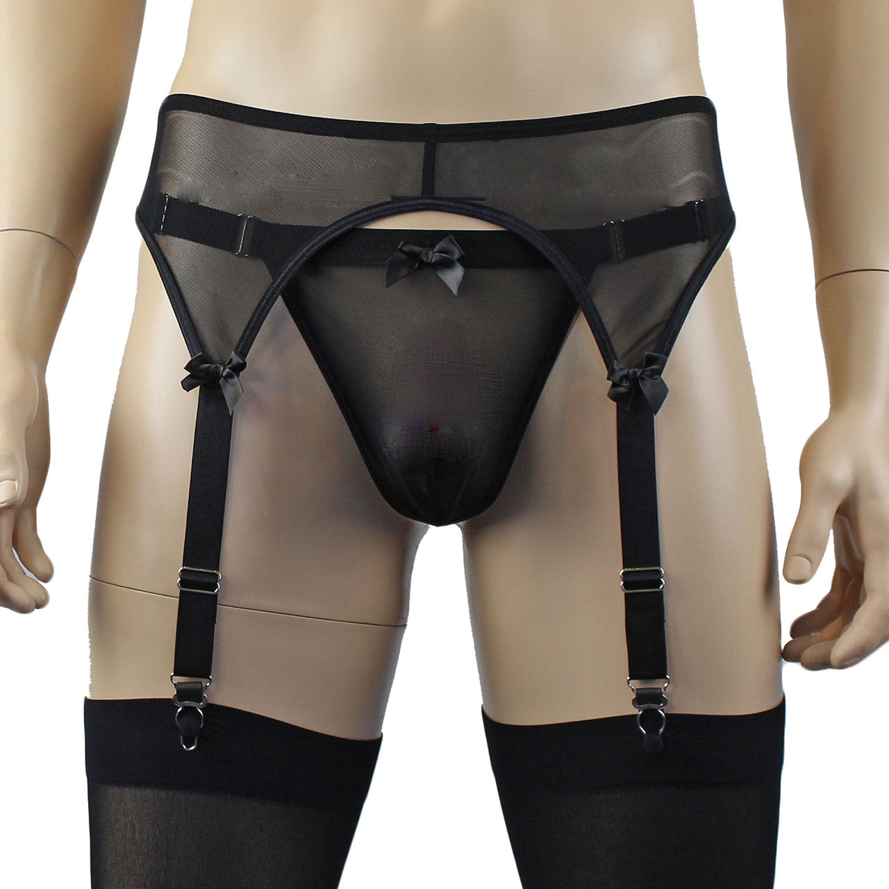 Mens Exotic Sheer Mesh Garterbelt & G string with Stockings Black