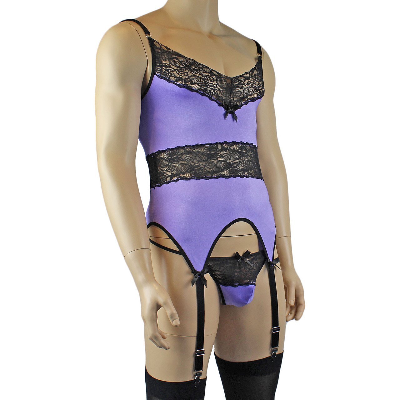 Mens Glamour Lycra & Lace Corset Top, G string & Stockings - Sizes up to 3XL (lilac plus other colours)