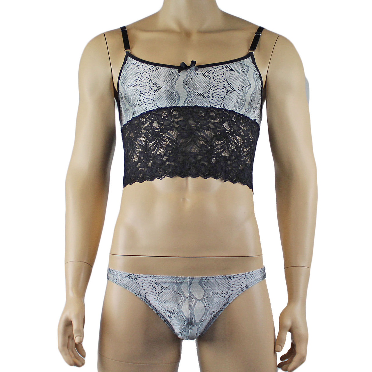 Mens Grey Snake Print & Black Lace Bra Top Camisole and Brief