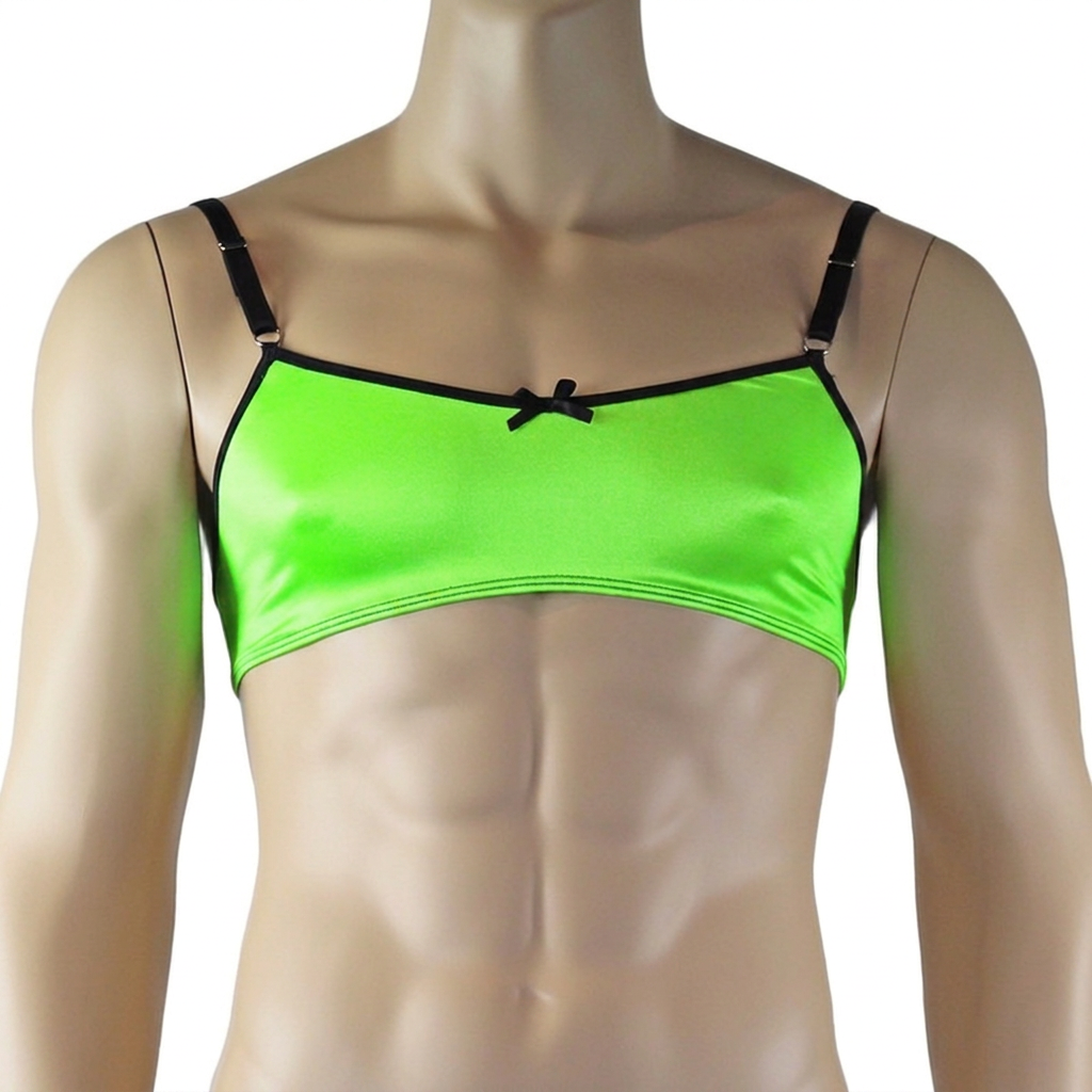 Mens Jenny Shiny Spandex Bra Top, G string and Garterbelt Lingerie Neon Green & Black