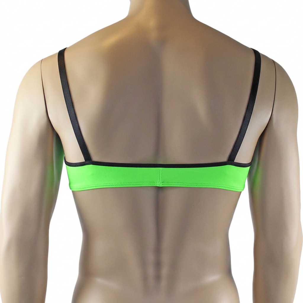 Mens Jenny Shiny Spandex Bra Top with Adjustable Straps Neon Green & Black