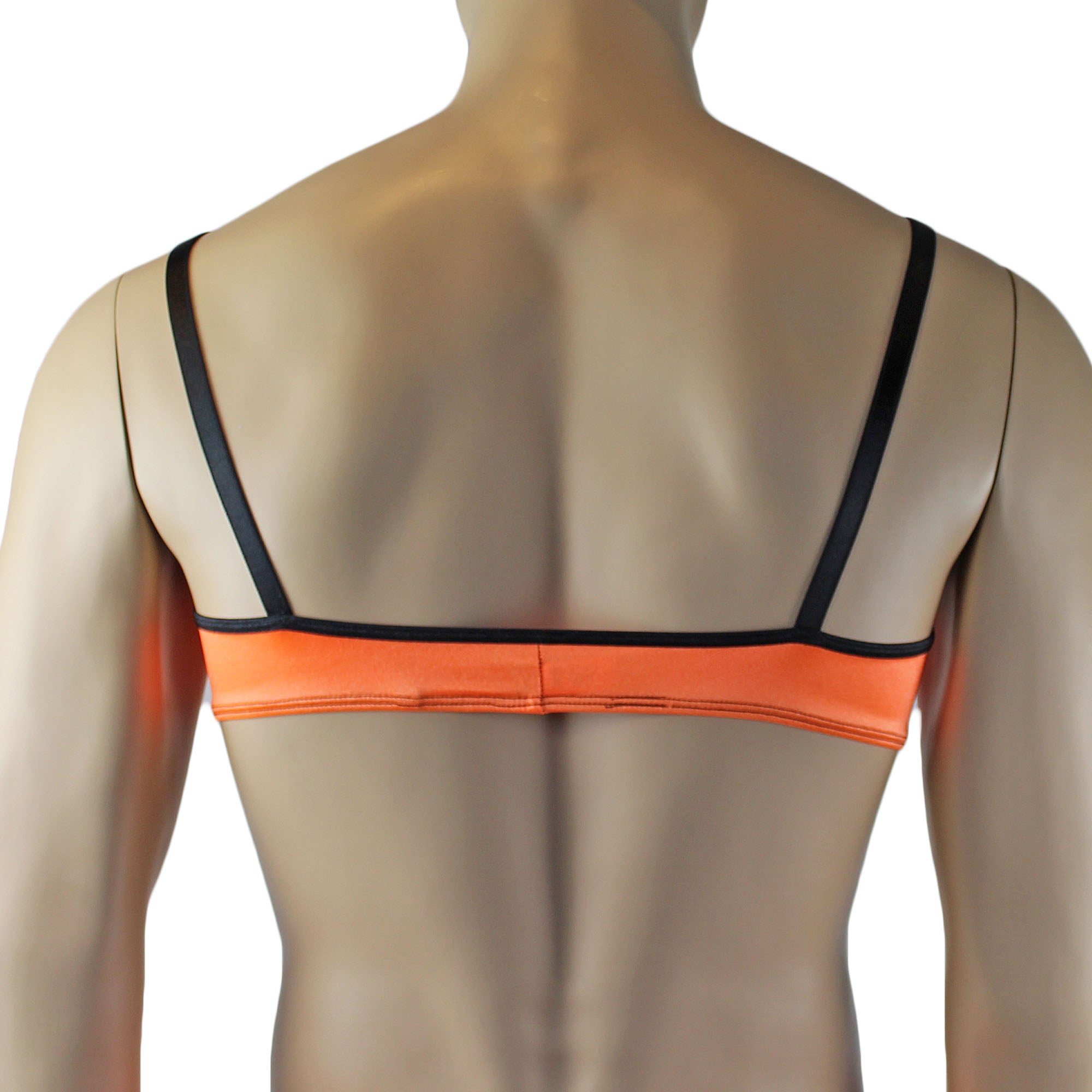 Mens Jenny Shiny Spandex Bra Top, G string and Garterbelt Lingerie Orange & Black