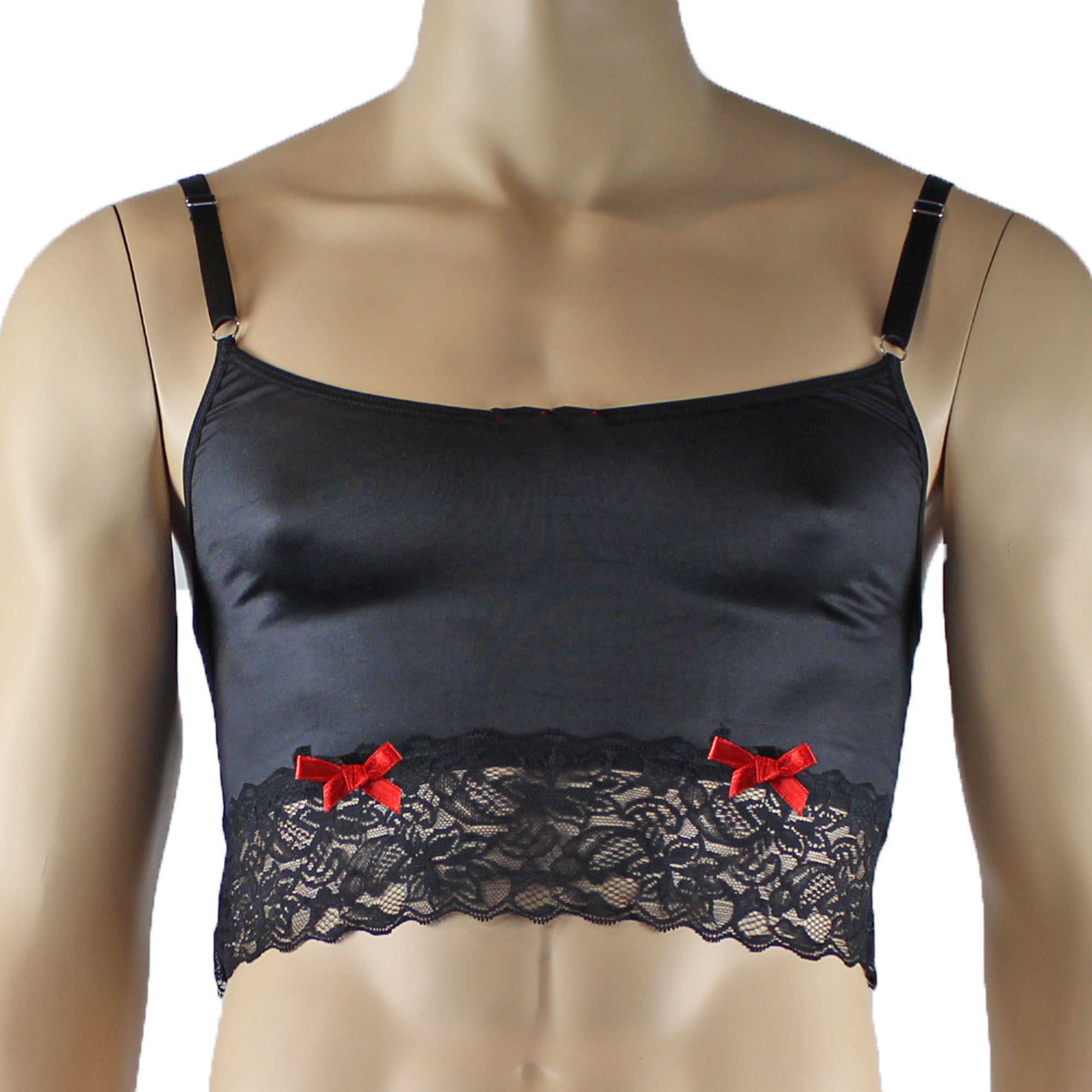 Mens Joanne Satin & Lace Crop Cami Top with Sexy Thong - Sizes up to 3XL Black and Black Lace