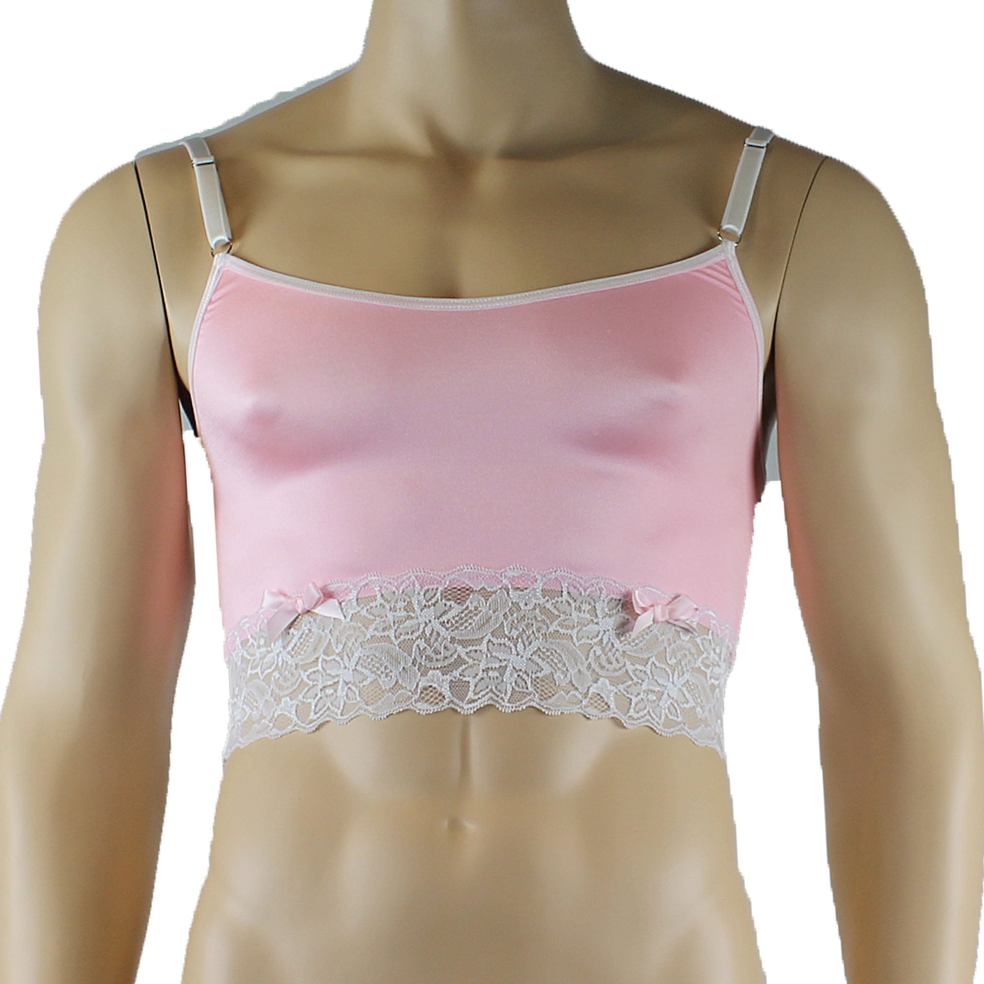 Mens Joanne Satin & Lace Crop Cami Top with Sexy Thong - Sizes up to 3XL Light Pink and White Lace