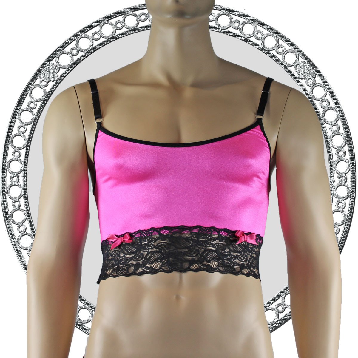 Mens Satin & Lace Crop Cami Top with Sexy Thong Hot Pink and Black