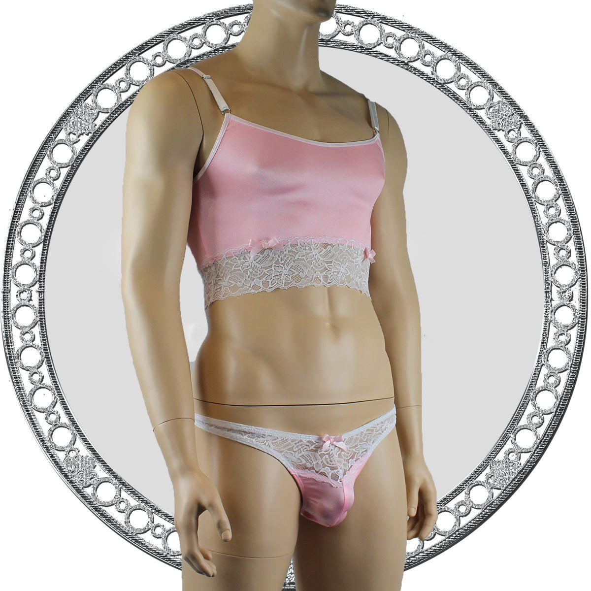 Mens Satin & Lace Crop Cami Top with Sexy Thong Pink and White