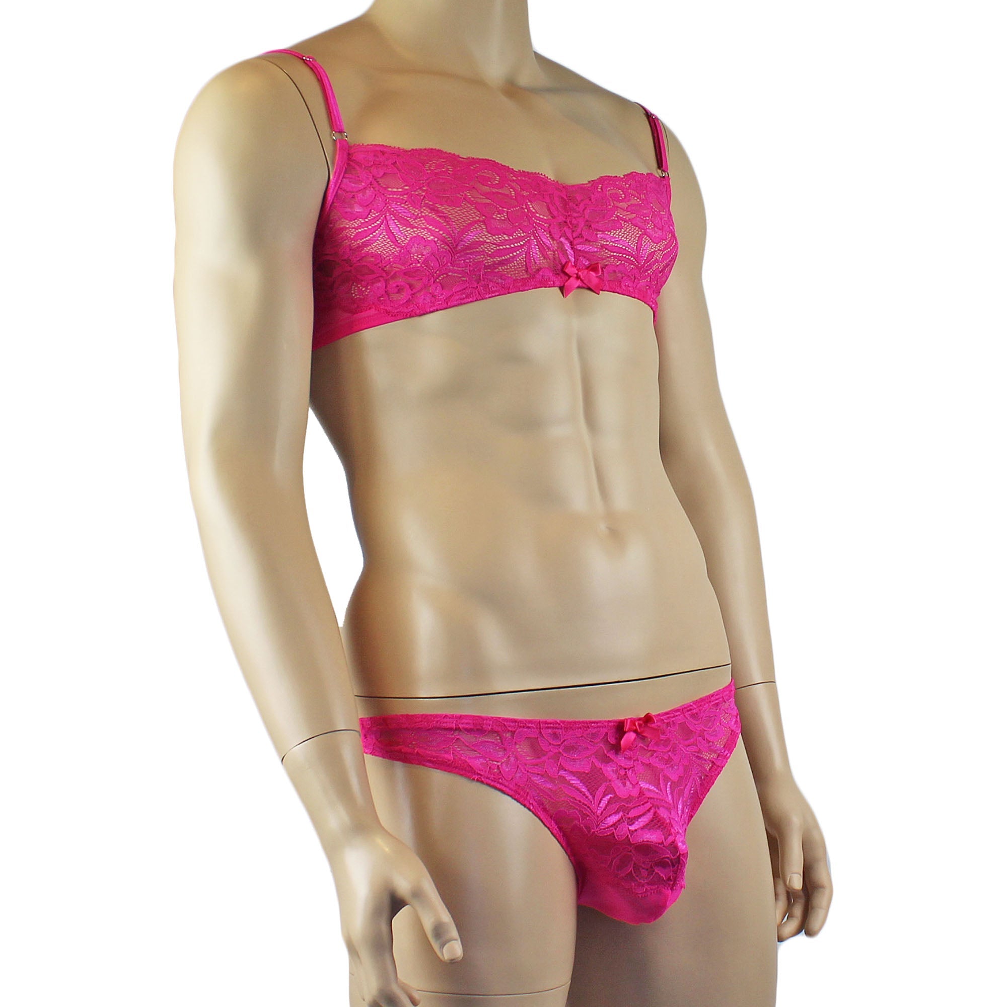 Mens Kristy Lace & Mesh Bra Top BR02L and Thong Panty Hot Pink