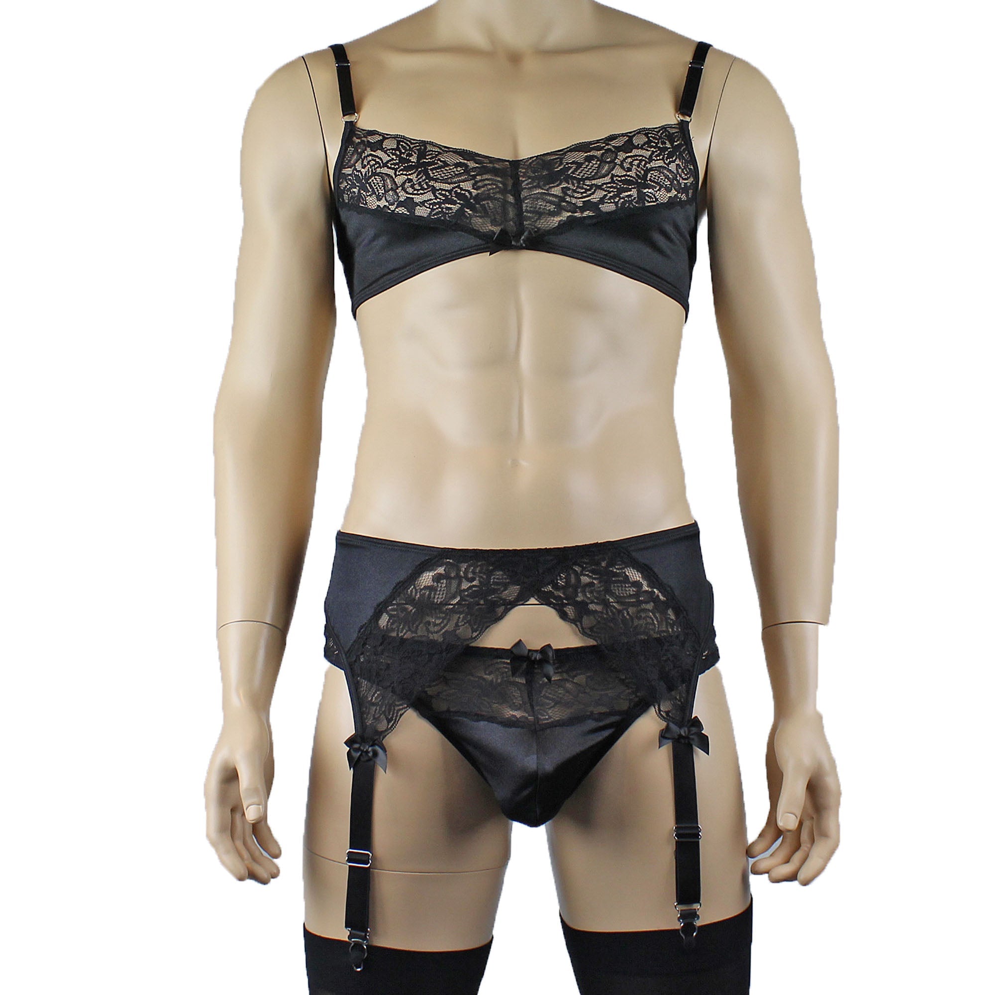 Male Romance Stretch Spandex Bra, G string Thong & Garterbelt Black