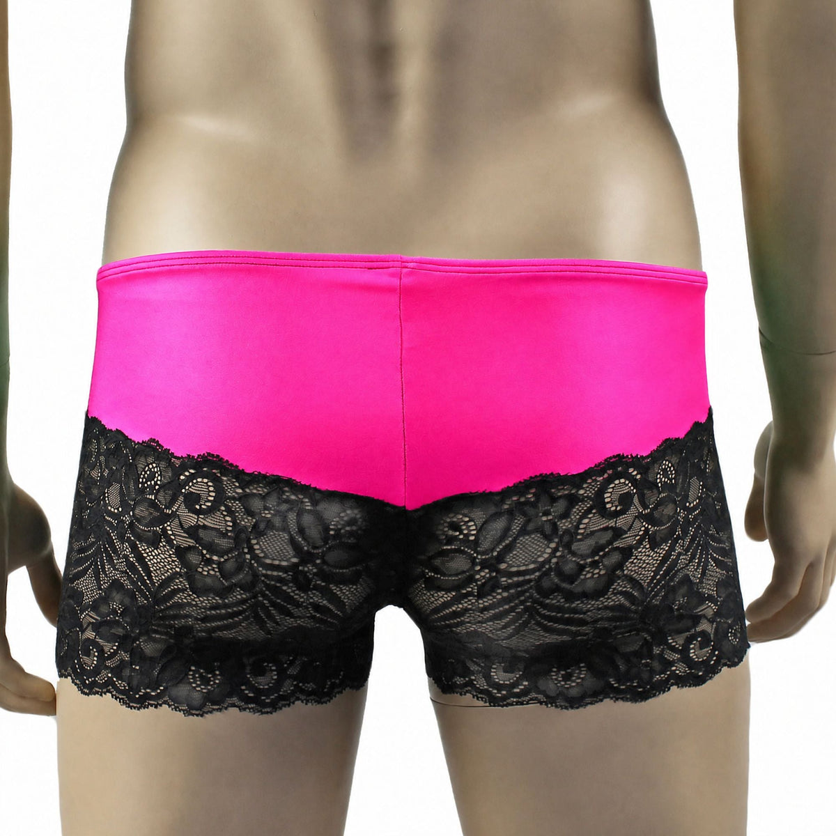 Mens Risque Boxer Briefs with Detachable Garters & Stockings Neon Pink and Black Lace