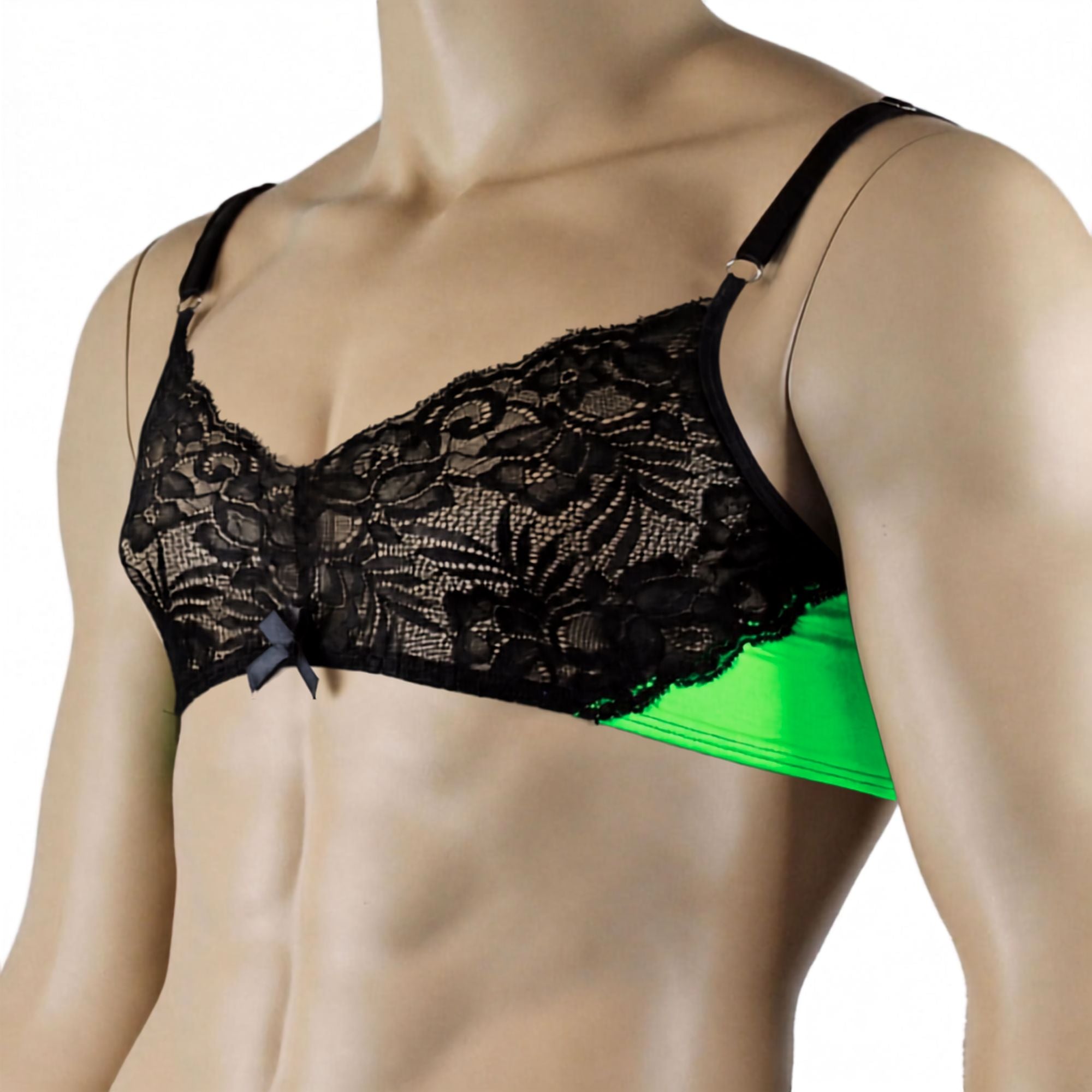 Mens Risque Bra Top with Wide Floral Lace Neon Green & Black Lace