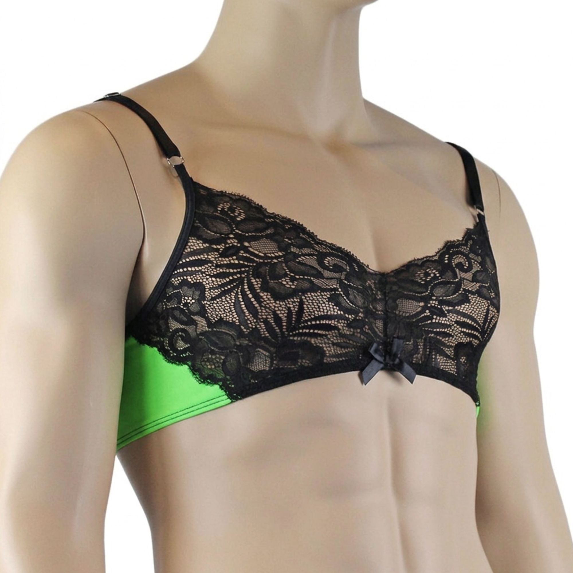 Mens Risque Bra Top with Wide Floral Lace Neon Green & Black Lace