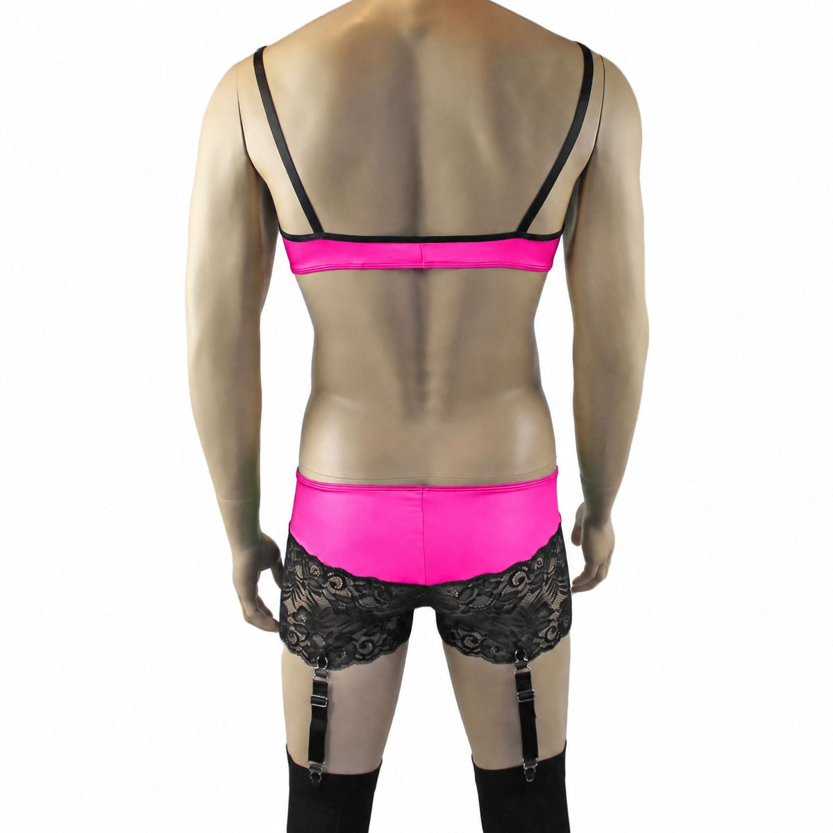Mens Risque Bra Top, Boxer Briefs with Detachable Garters & Stockings Neon Pink & Black Lace