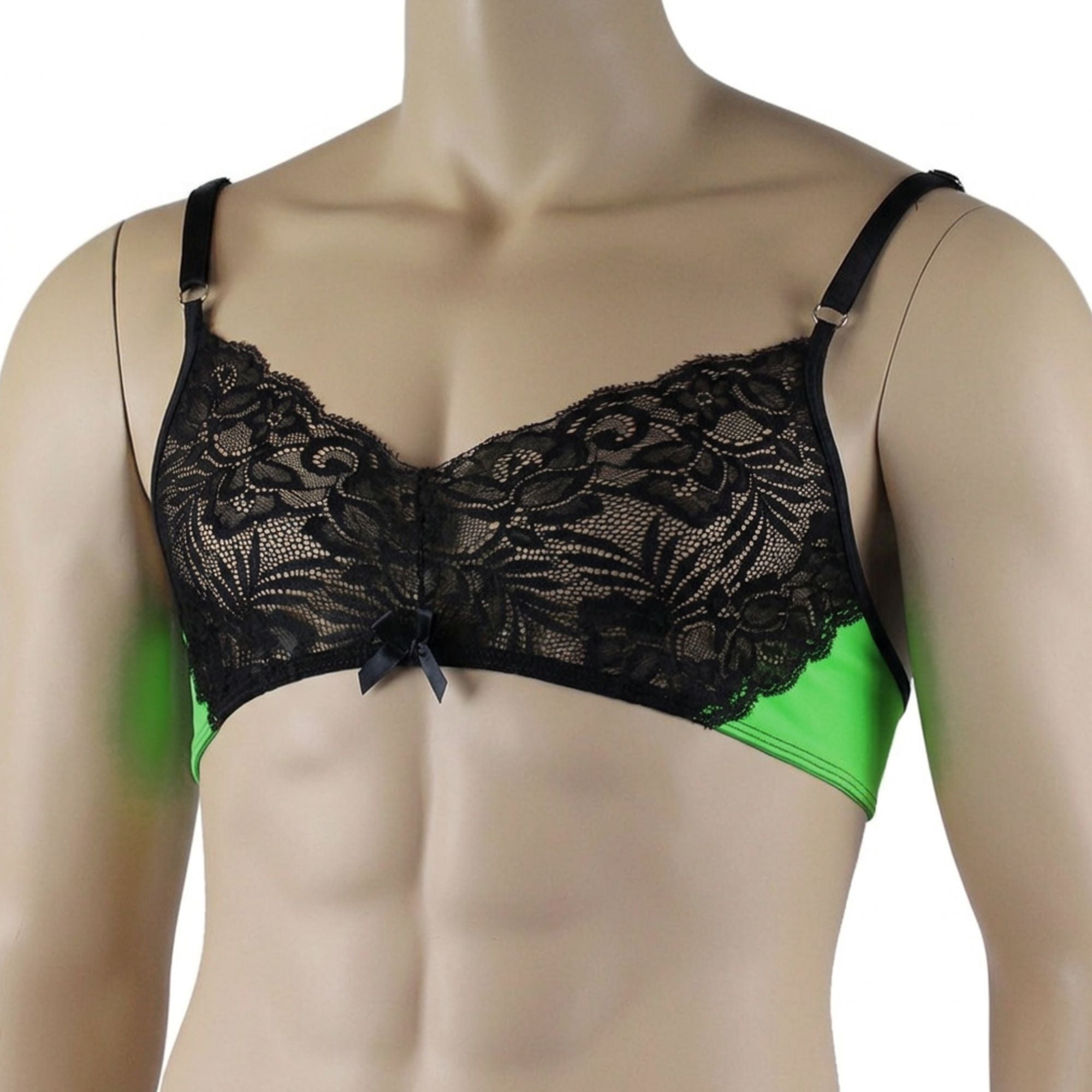 Mens Risque Bra Top with Wide Floral Lace Neon Green & Black Lace