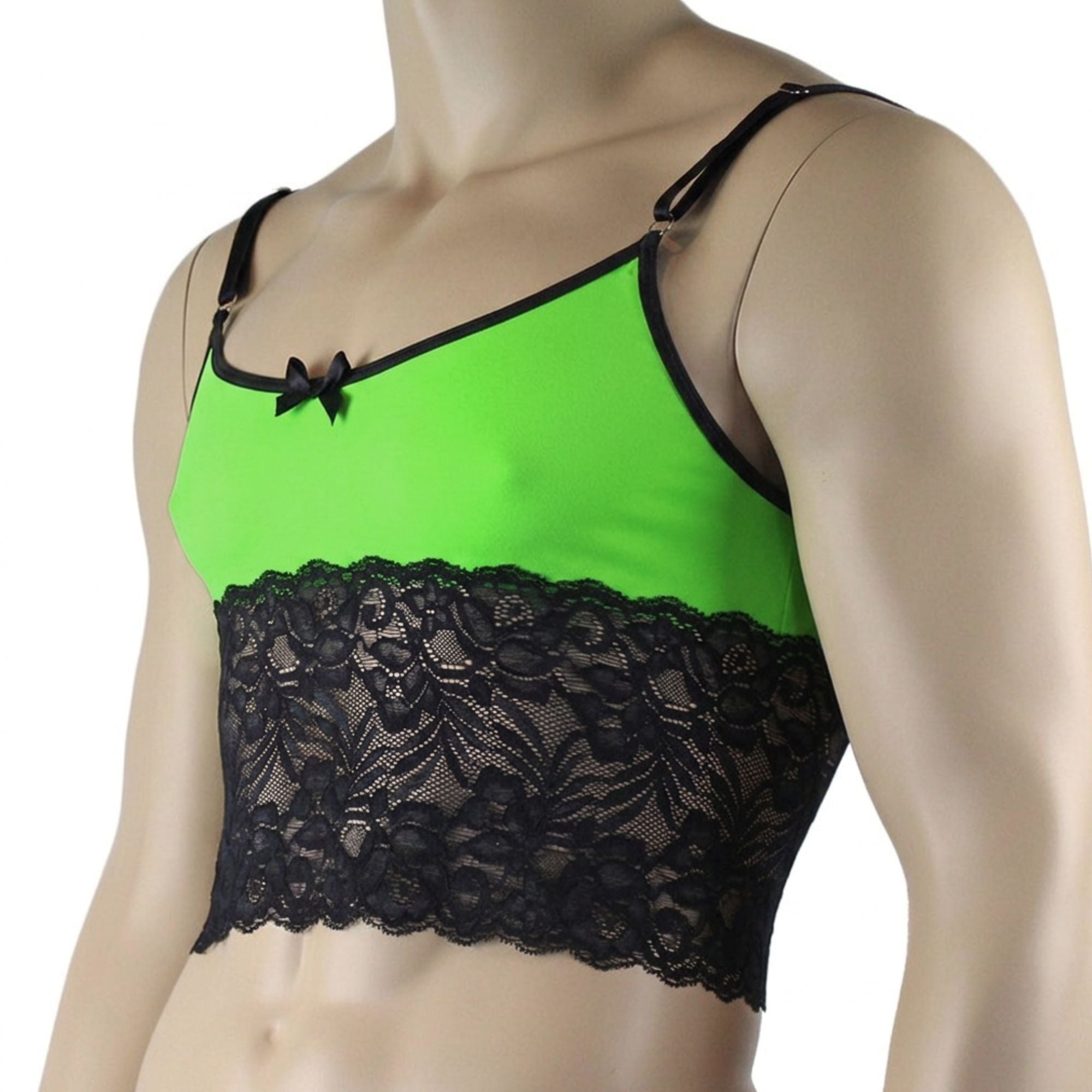 Mens Risque Camisole Bra Top with Wide Lace Trim (neon green and black lace plus other colours)