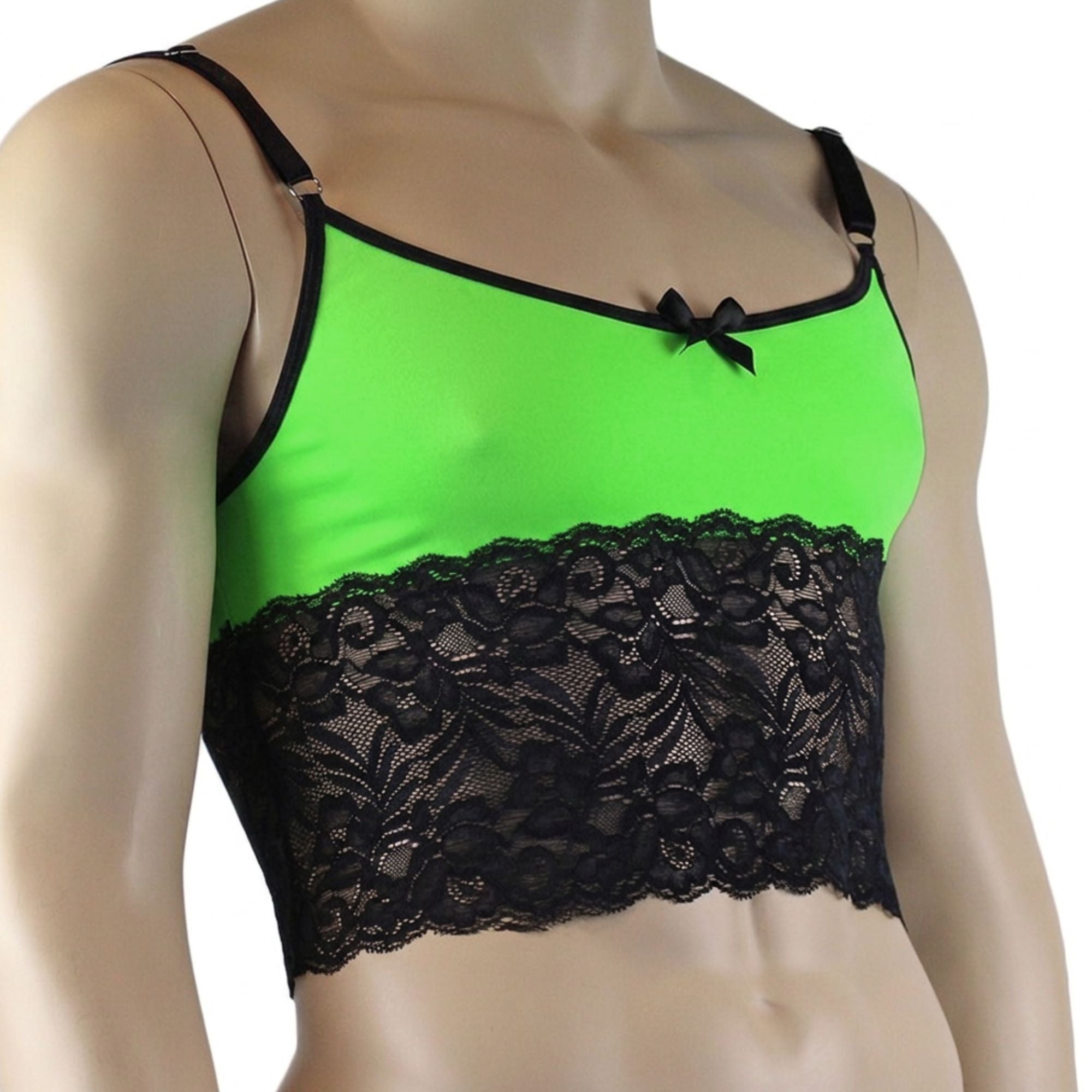 Mens Risque Camisole Bra Top with Wide Lace Trim (neon green and black lace plus other colours)
