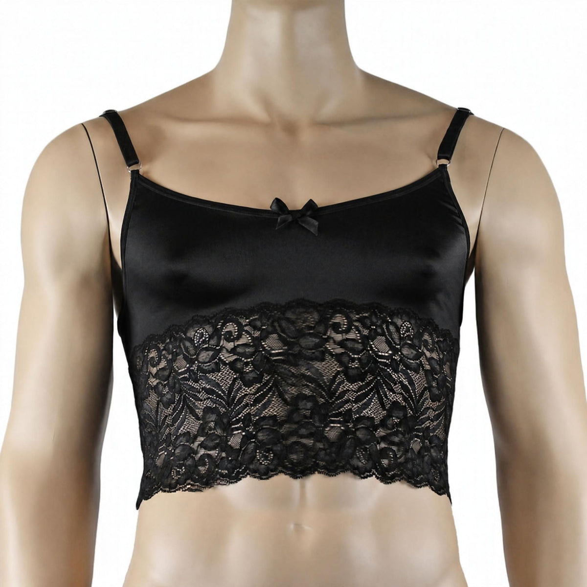 Mens Risque Camisole Bra Top with Wide Lace Trim Black