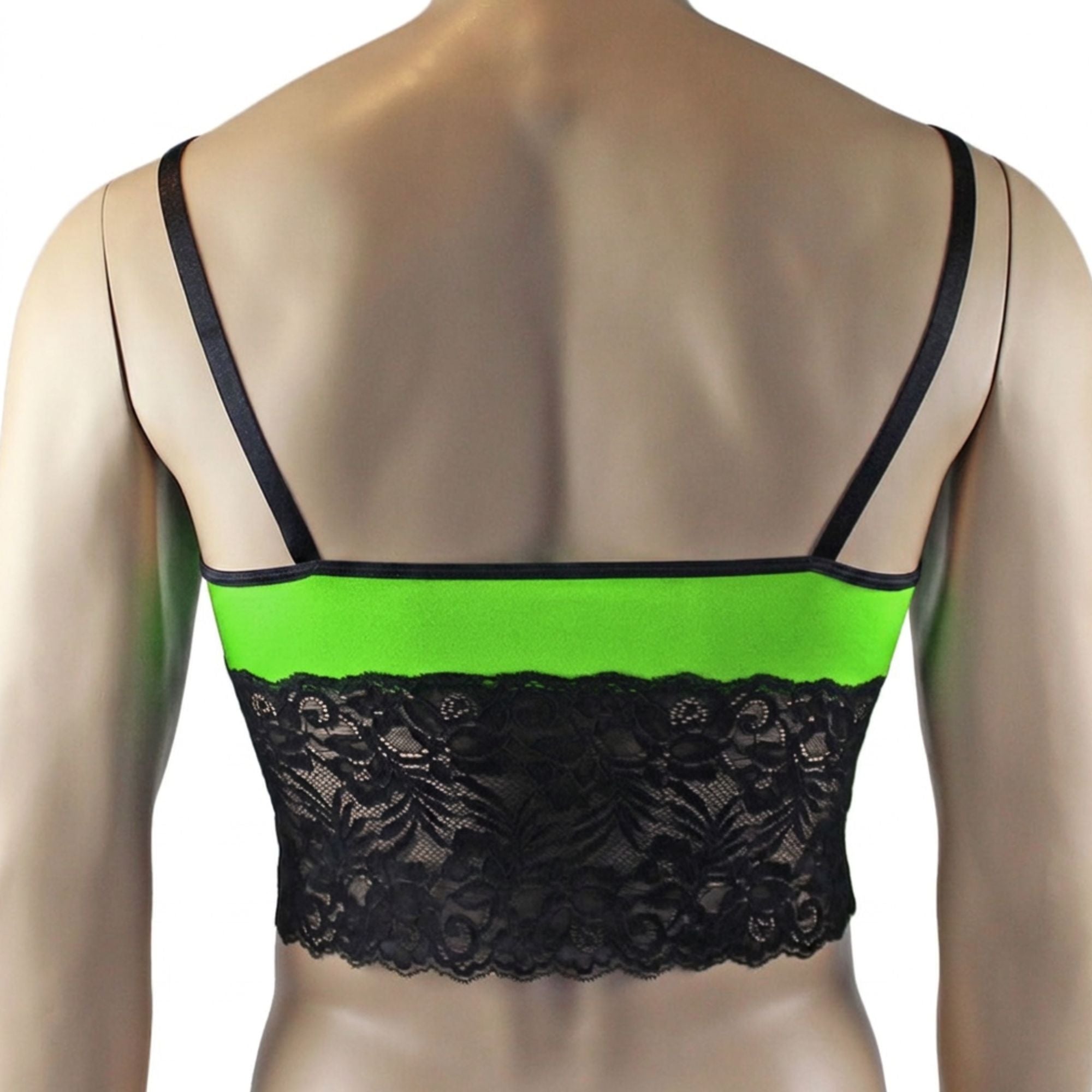 Mens Risque Camisole Bra Top with Wide Lace Trim (neon green and black lace plus other colours)