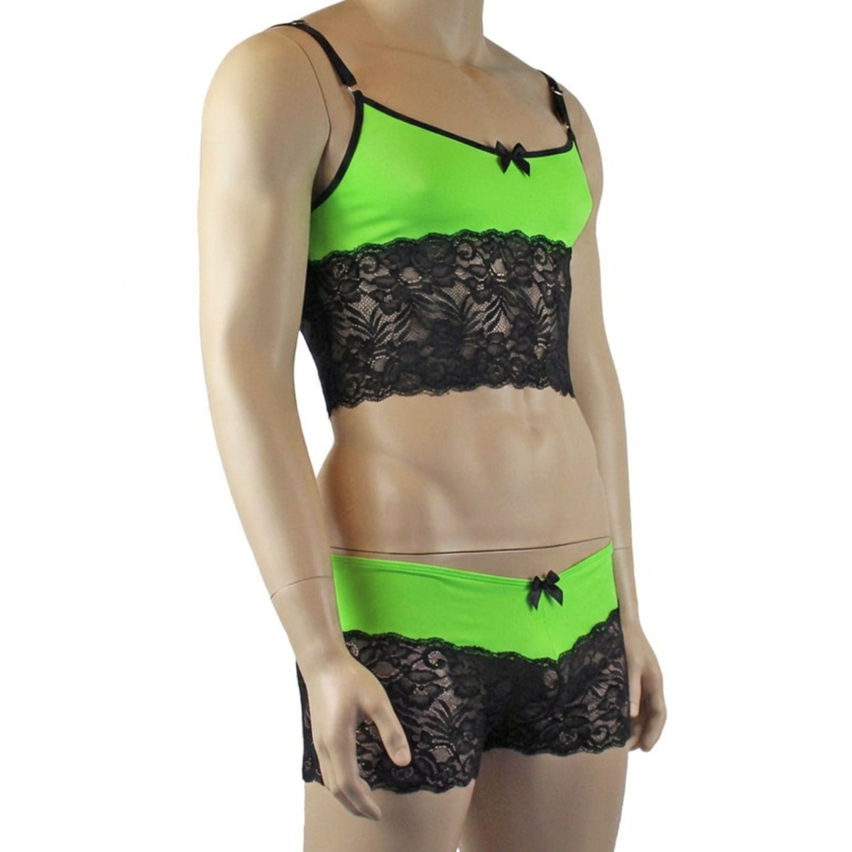 Mens Risque Camisole Top Boxer Briefs Neon Green and Black Lace