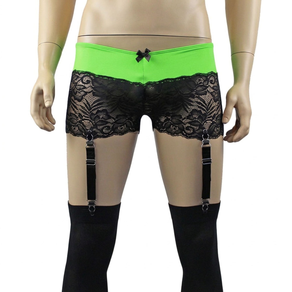 Mens Risque Boxer Briefs with Detachable Garters & Stockings Neon Green and Black Lace