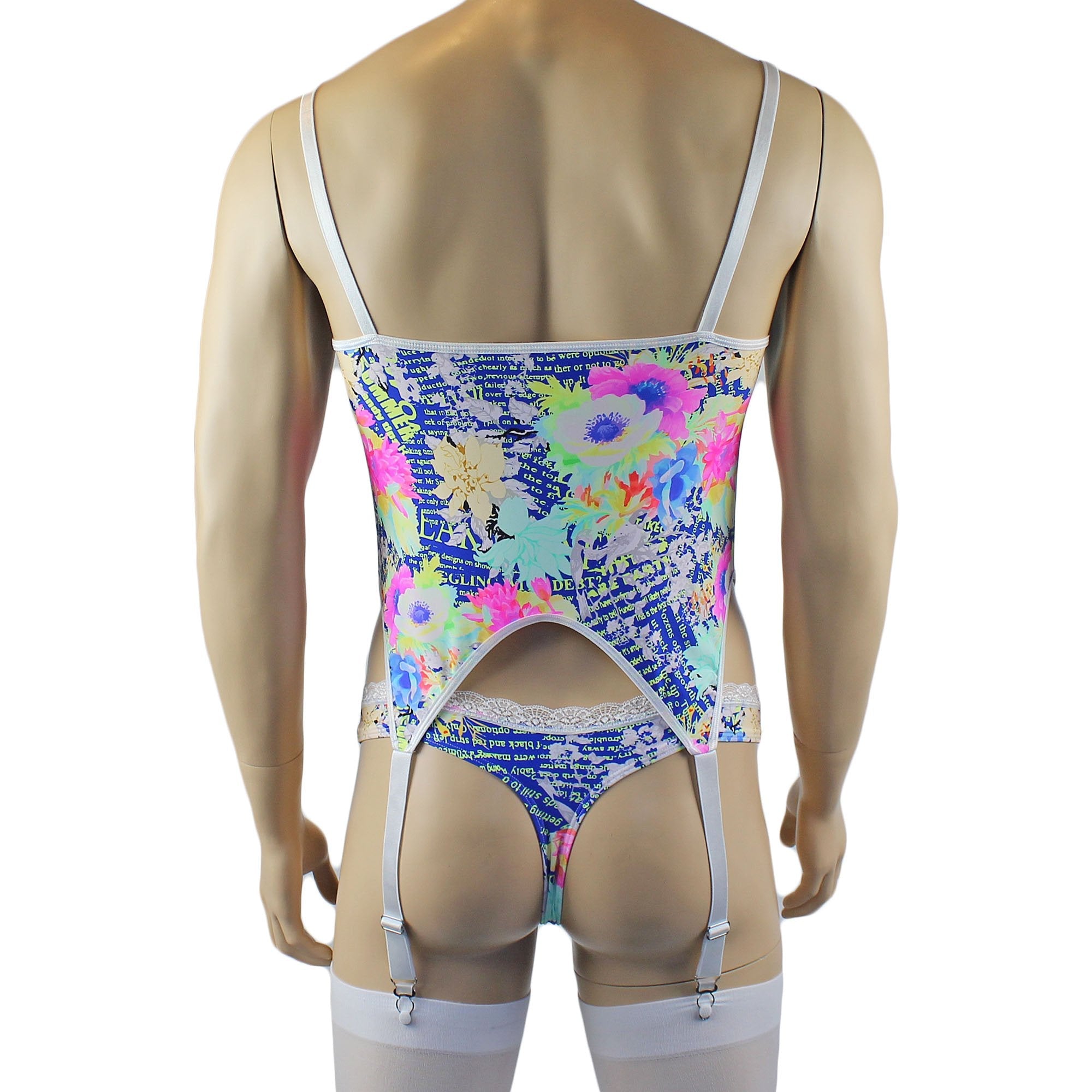 Mens Suzanne Floral Torso Corset Top, Thong & Stockings