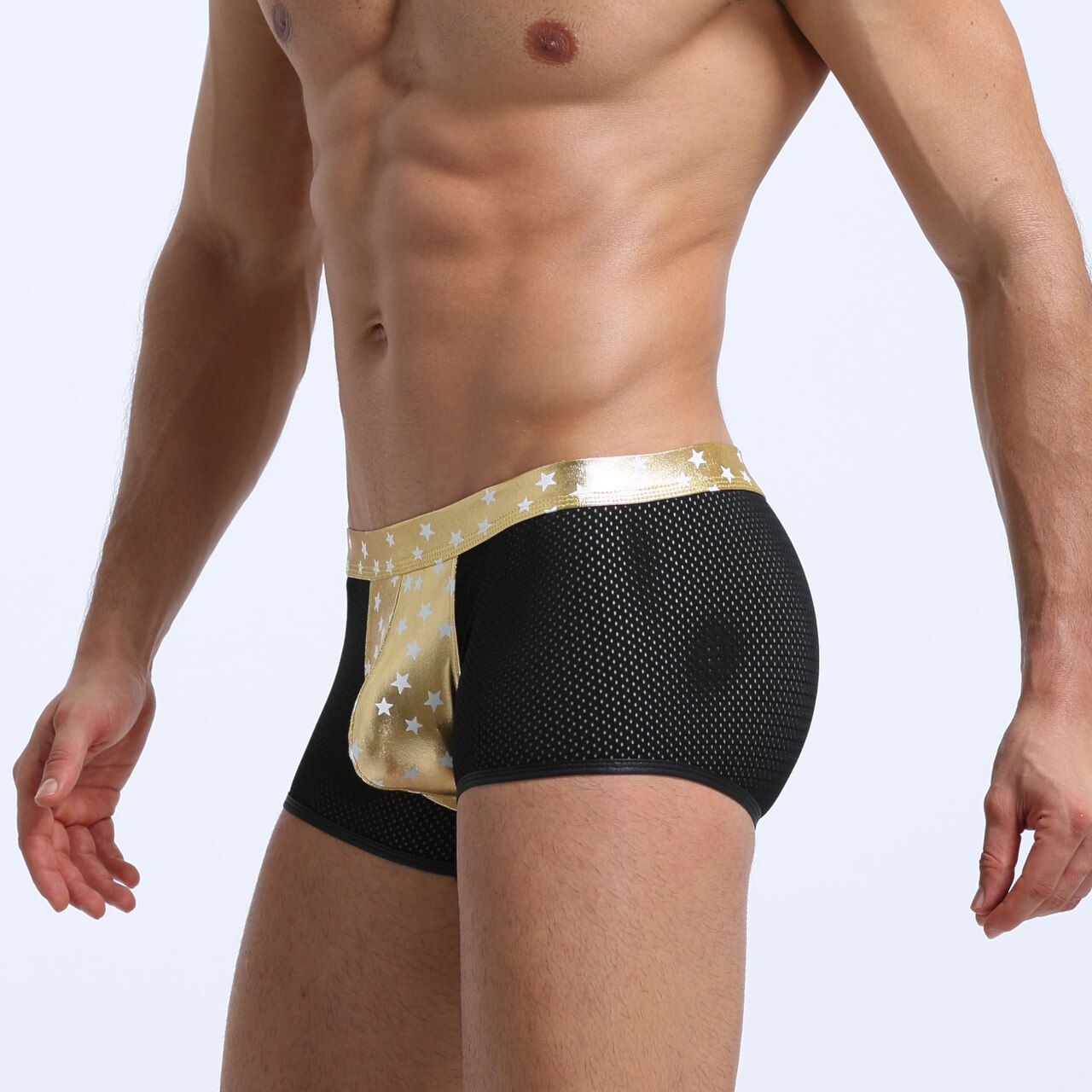 JCSTK - Mens Super Stars Shiny Metallic and Net Boxer Shorts Gold and Black