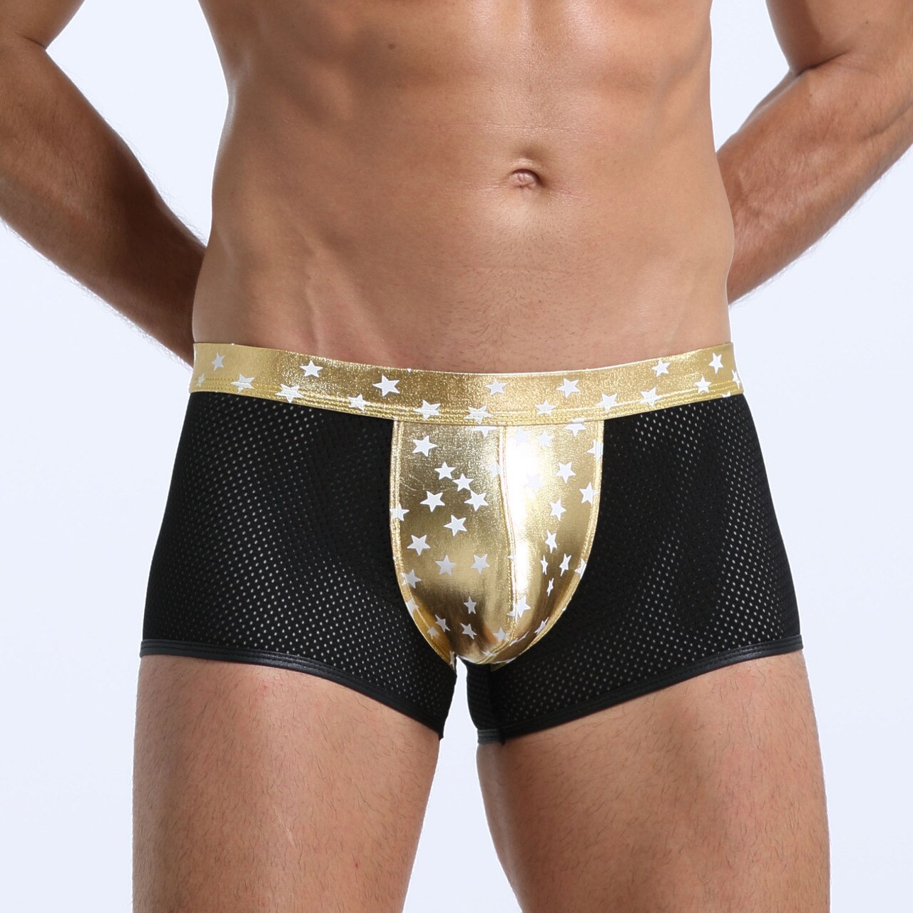 JCSTK - Mens Super Stars Shiny Metallic and Net Boxer Shorts Gold and Black