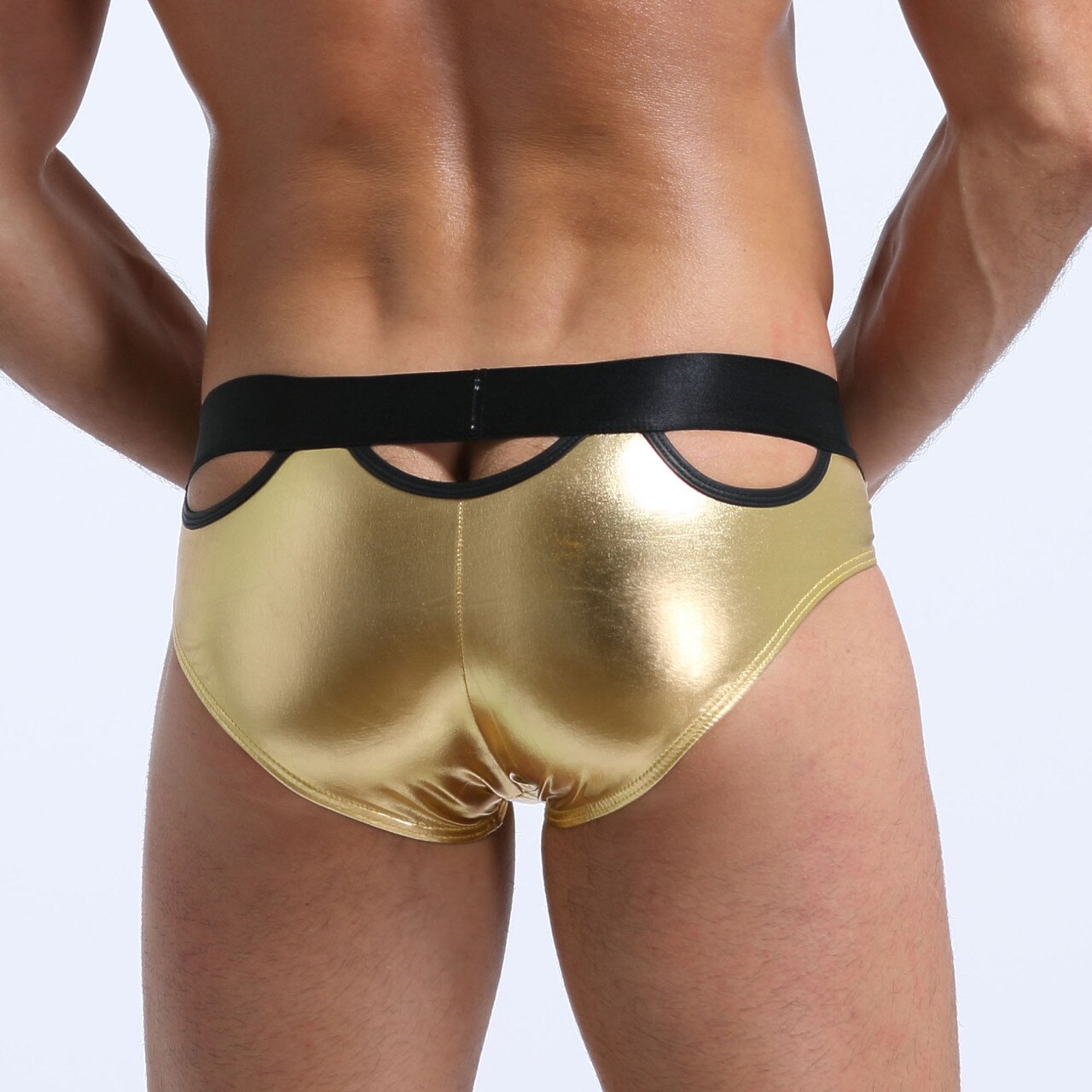 Mens Stretch Shiny Metallic Bikini Briefs with Peep Holes Gold