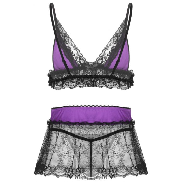 Sissy Lingerie Men Sleepwear Bra Top, G string and See-through Mini Skirt Purple