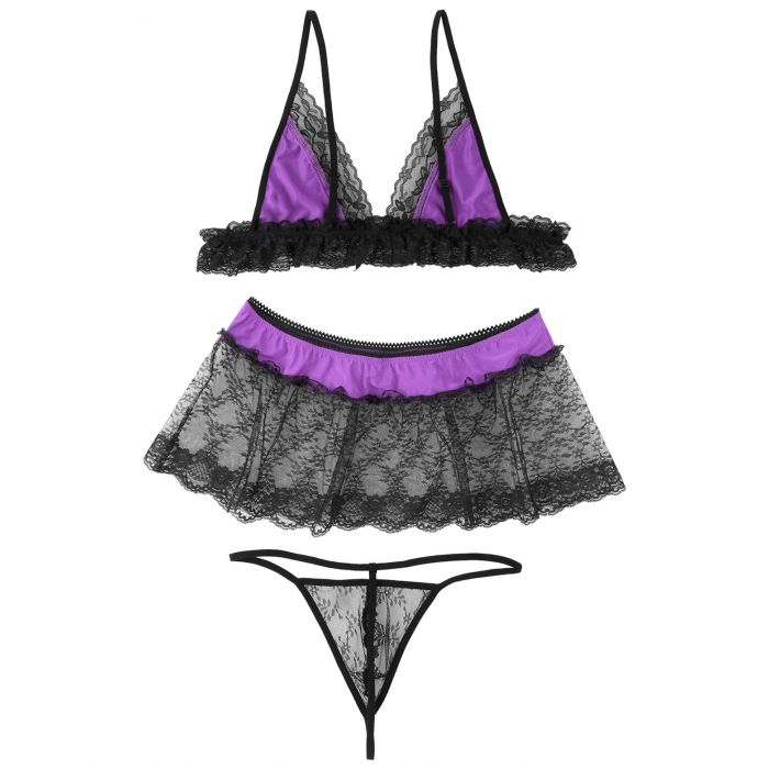 Sissy Lingerie Men Sleepwear Bra Top, G string and See-through Mini Skirt Purple