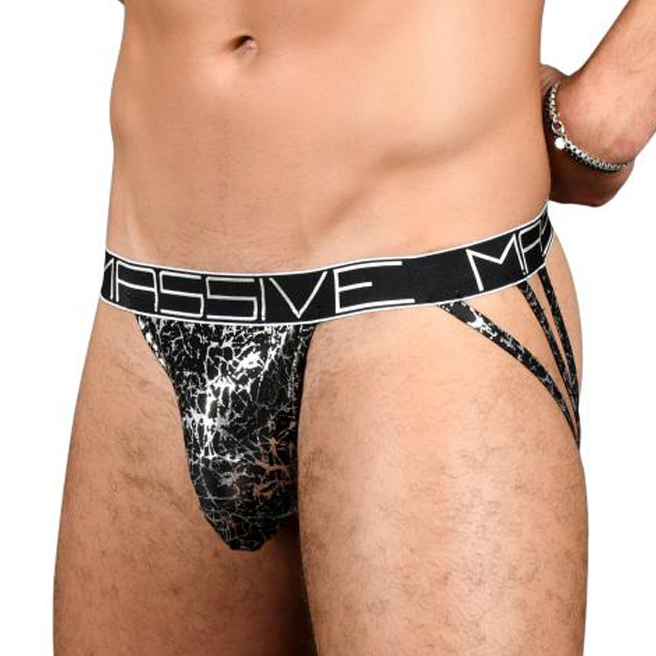 Mens Andrew Christian Massive Crackle Triad Thong Black and Silver