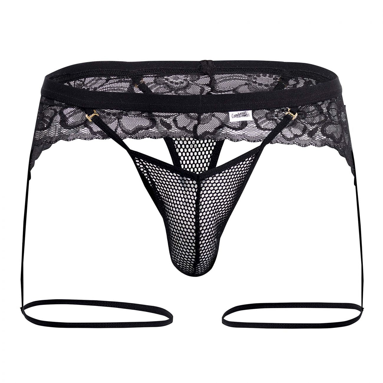 CandyMan 99510 Mesh-Lace Garter Thongs Black