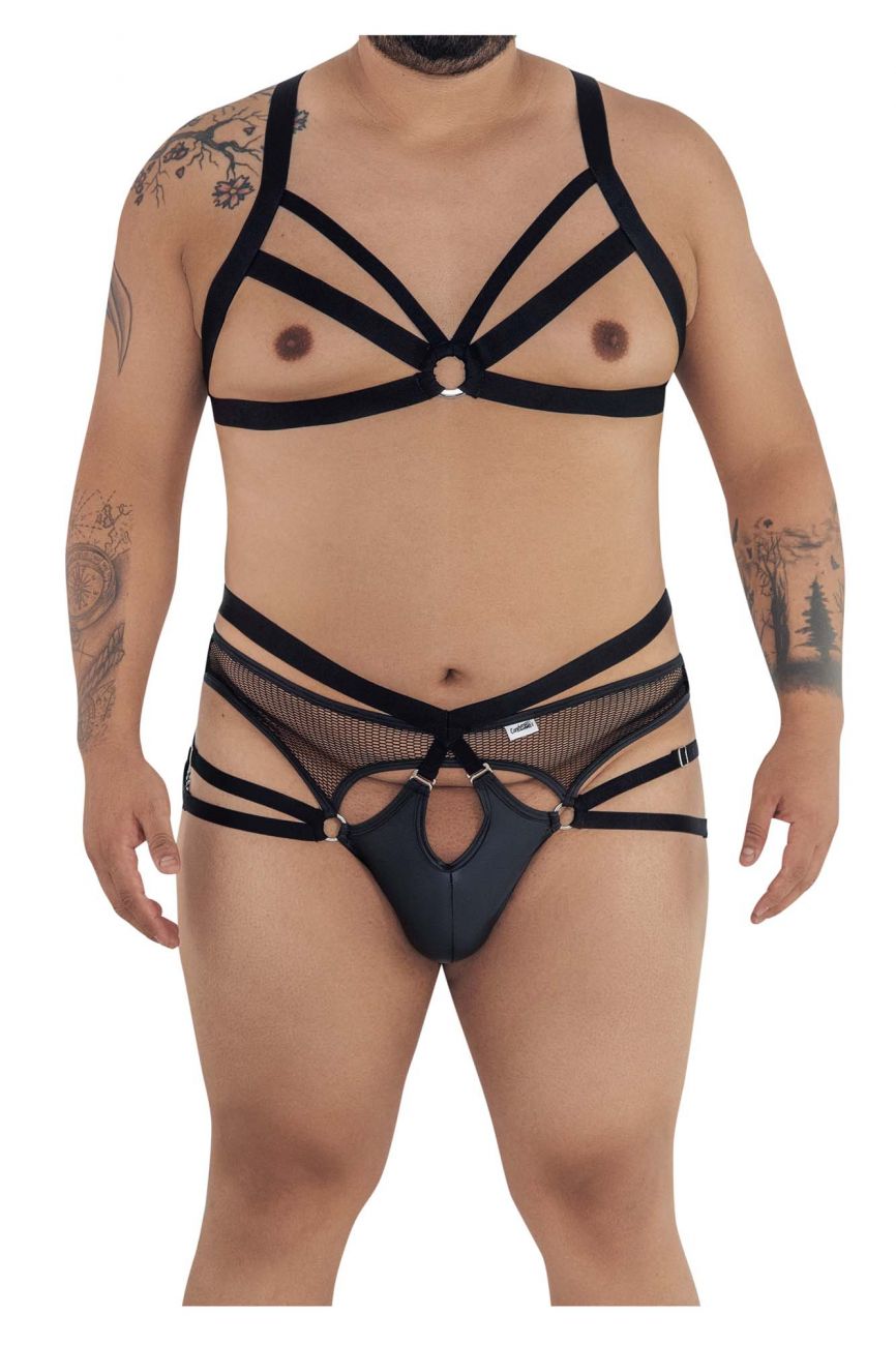 CandyMan 99546X Harness-Thongs Outfit Black Plus Sizes