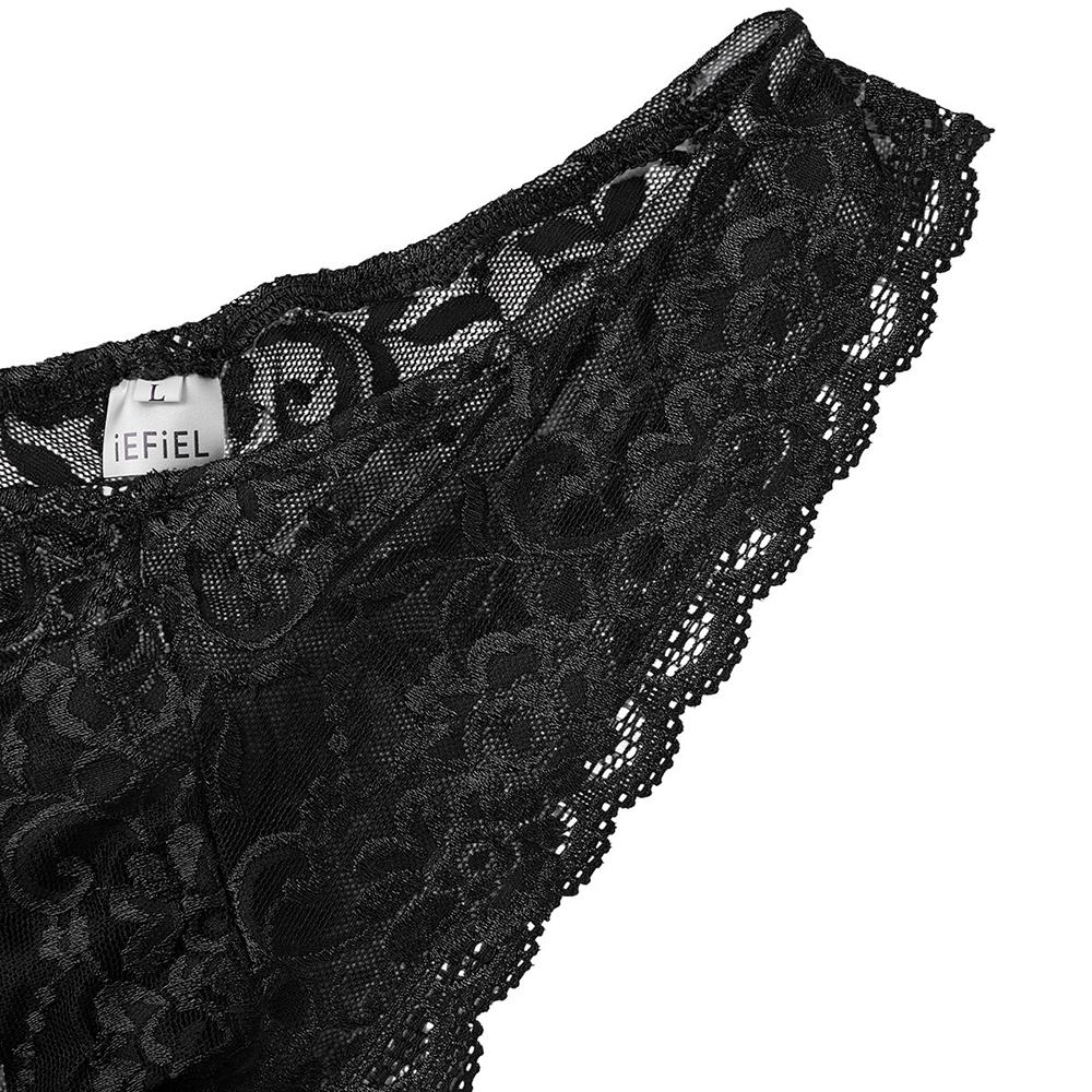 Mens Sissy Stretch Lace Briefs with Pouch Front Black