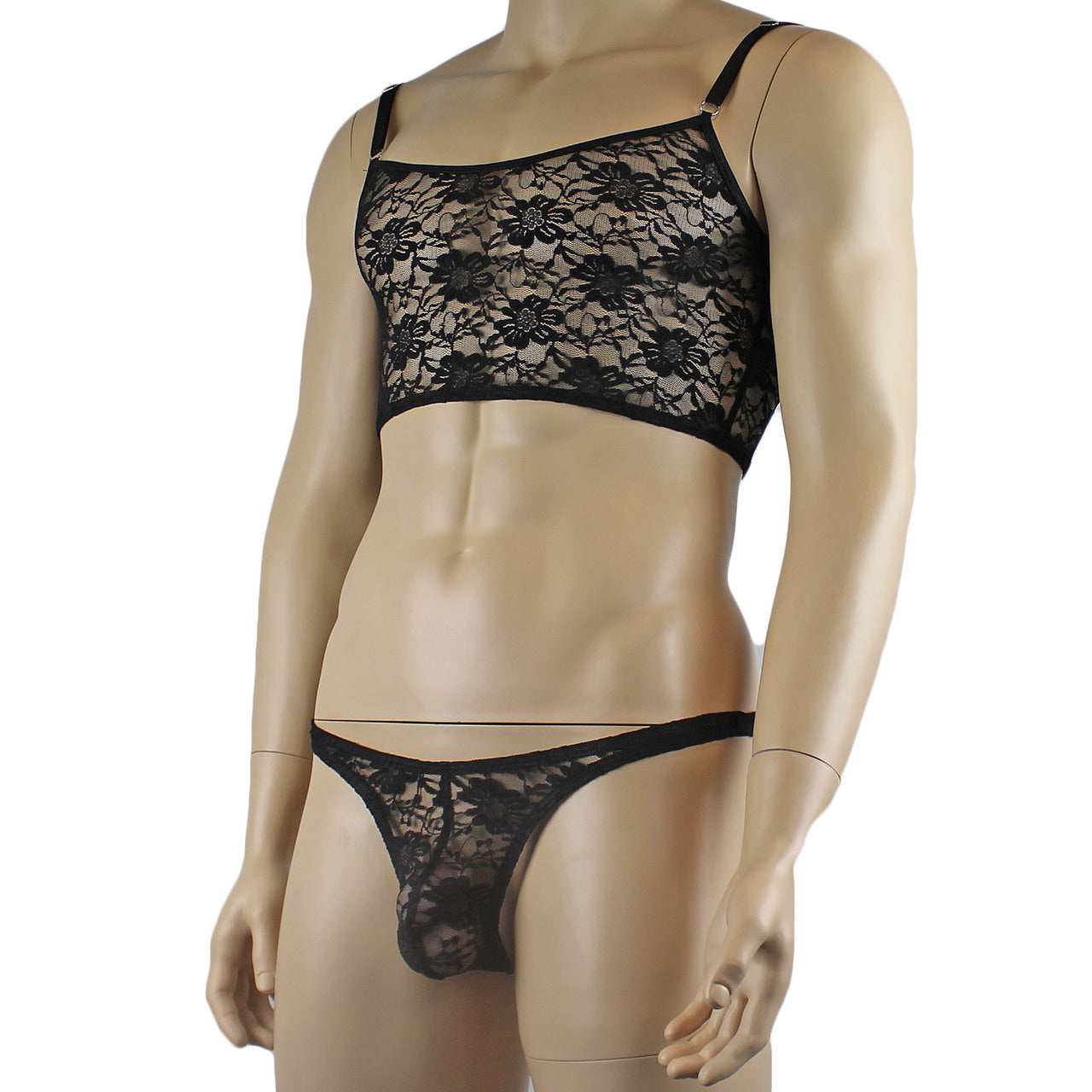 Mens Lace Crop Top Bra and Matching Lace Thong (black plus other colours)