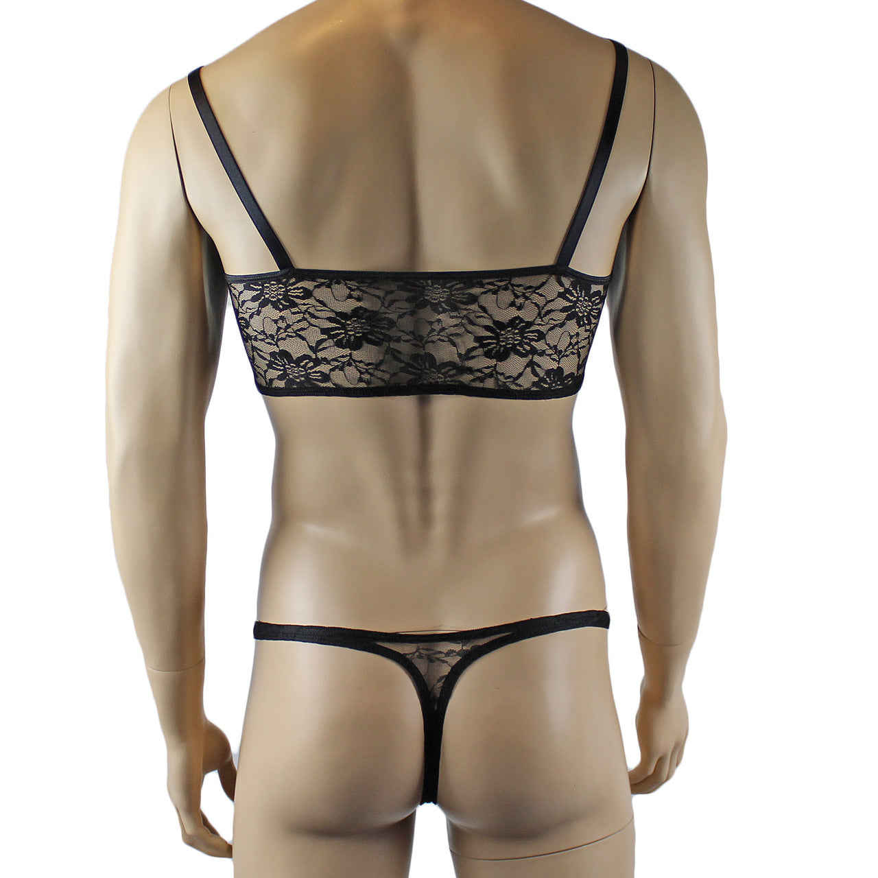 Mens Lace Crop Top Bra and Matching Lace Thong (black plus other colours)