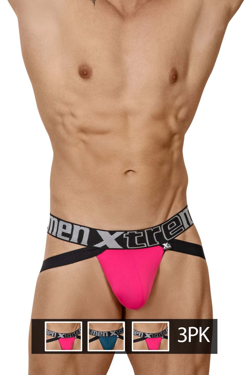 Xtremen 91054-3 Double Strap Jockstrap Fuchsia-Petrol-Fuchsia