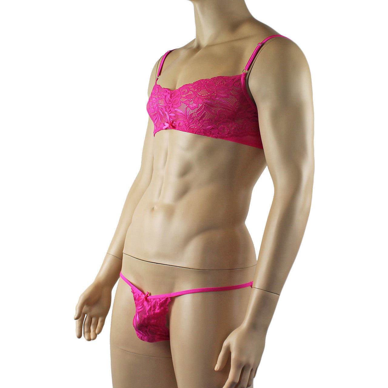 Mens Lace & Mesh Bra Top and Lace Bikini Panty (hot pink plus other colours)