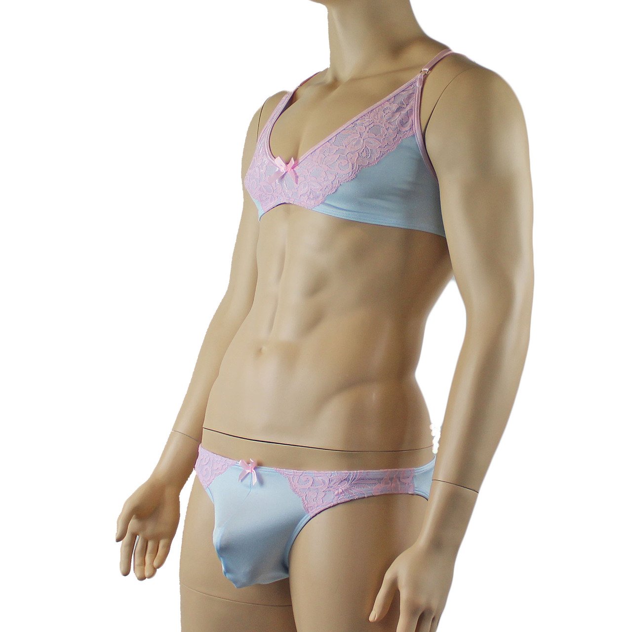 Mens Isabel Bra Top and Bikini Brief Male Lingerie (light blue and pink plus other colours)