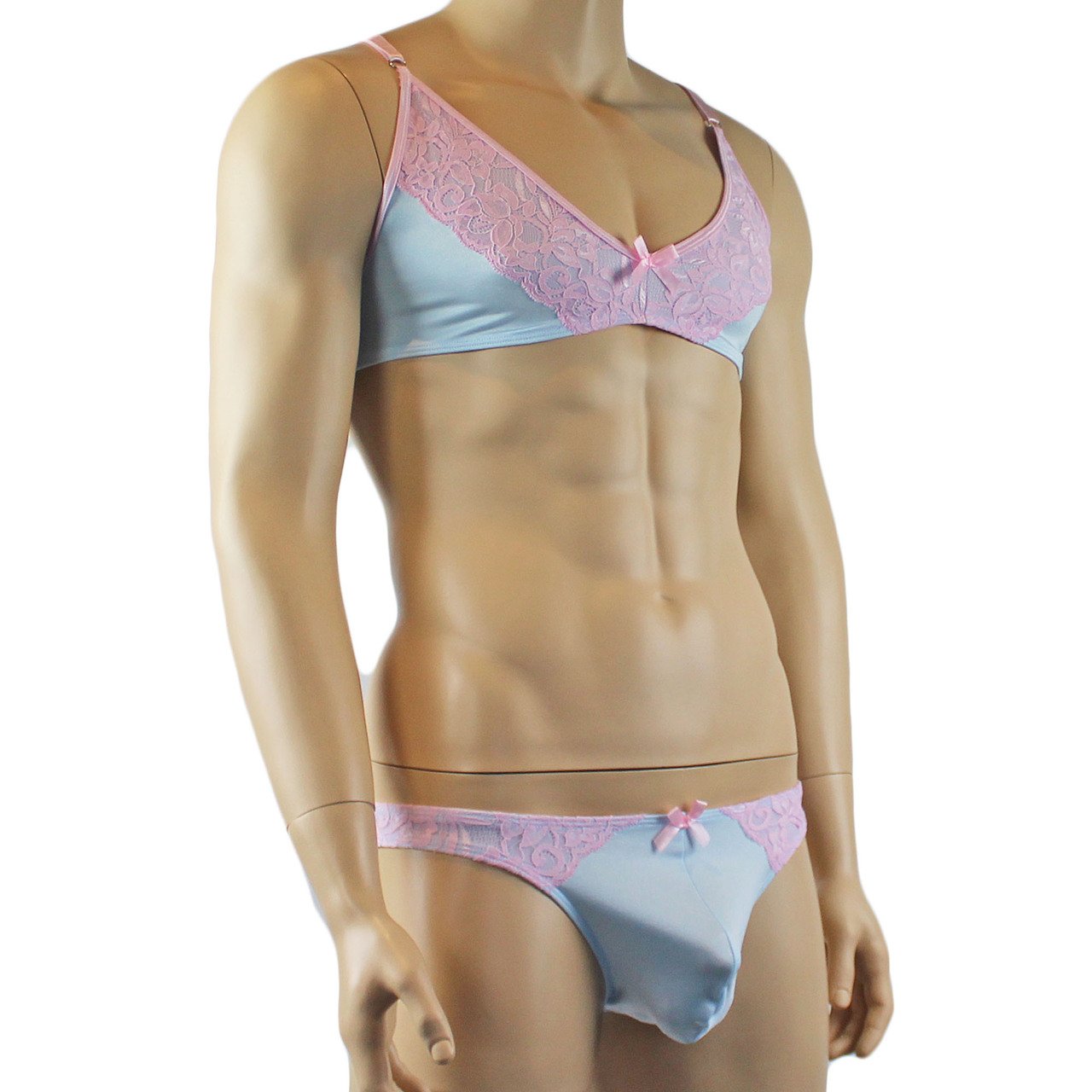 Mens Isabel Bra Top and Bikini Brief Male Lingerie (light blue and pink plus other colours)